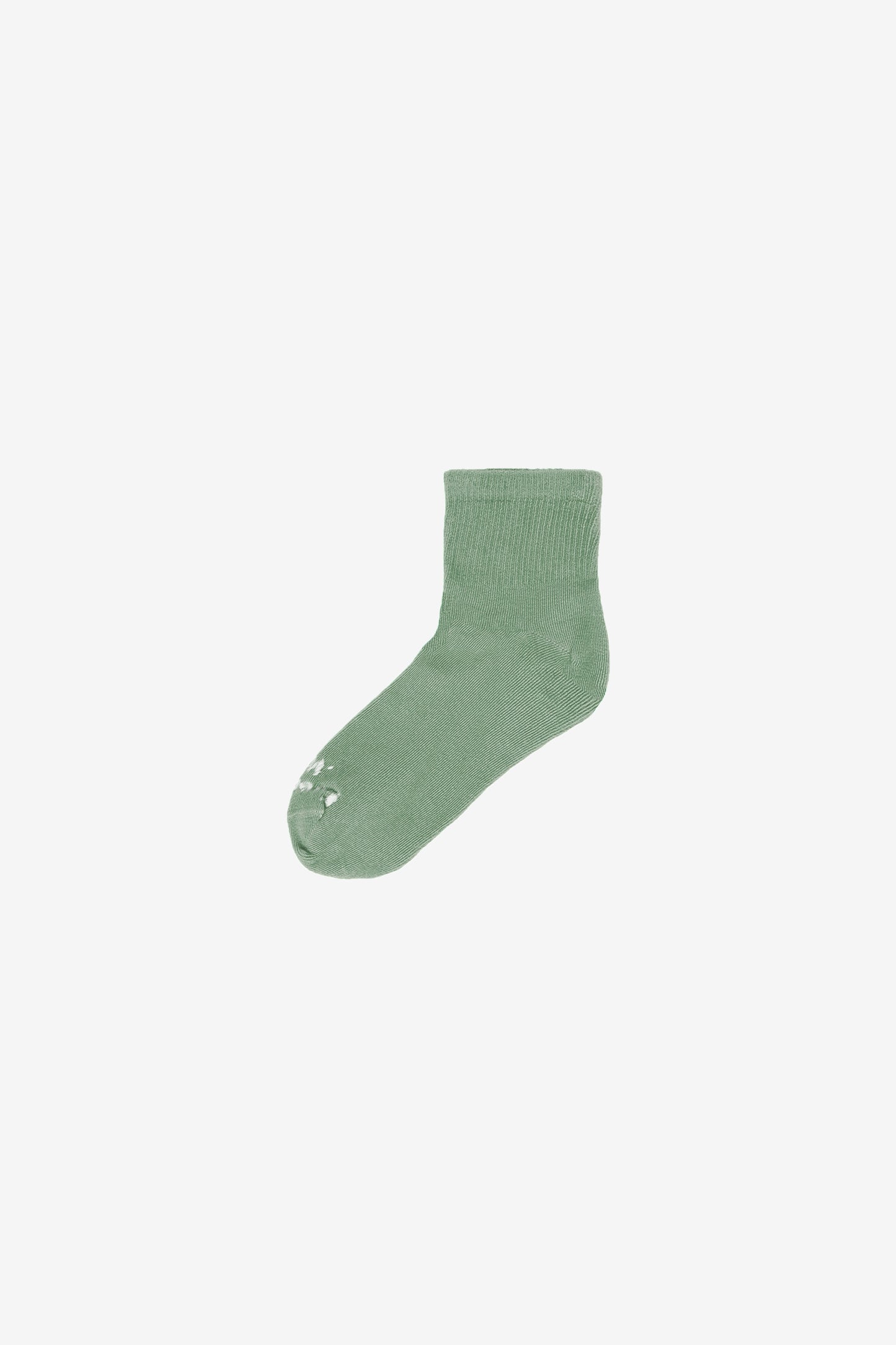 Flat lay of Wasabi Spring Socks with Everybody.World branding in white.