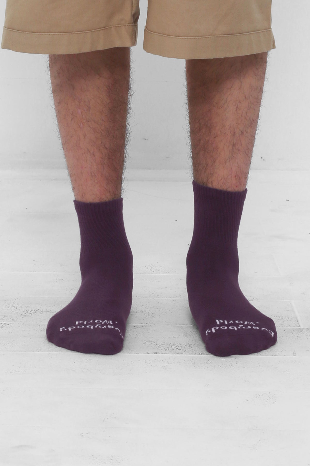 Washed Mulberry Spring Socks, branded 'Everybody.World' in white, ankle-high, shown on lower legs.