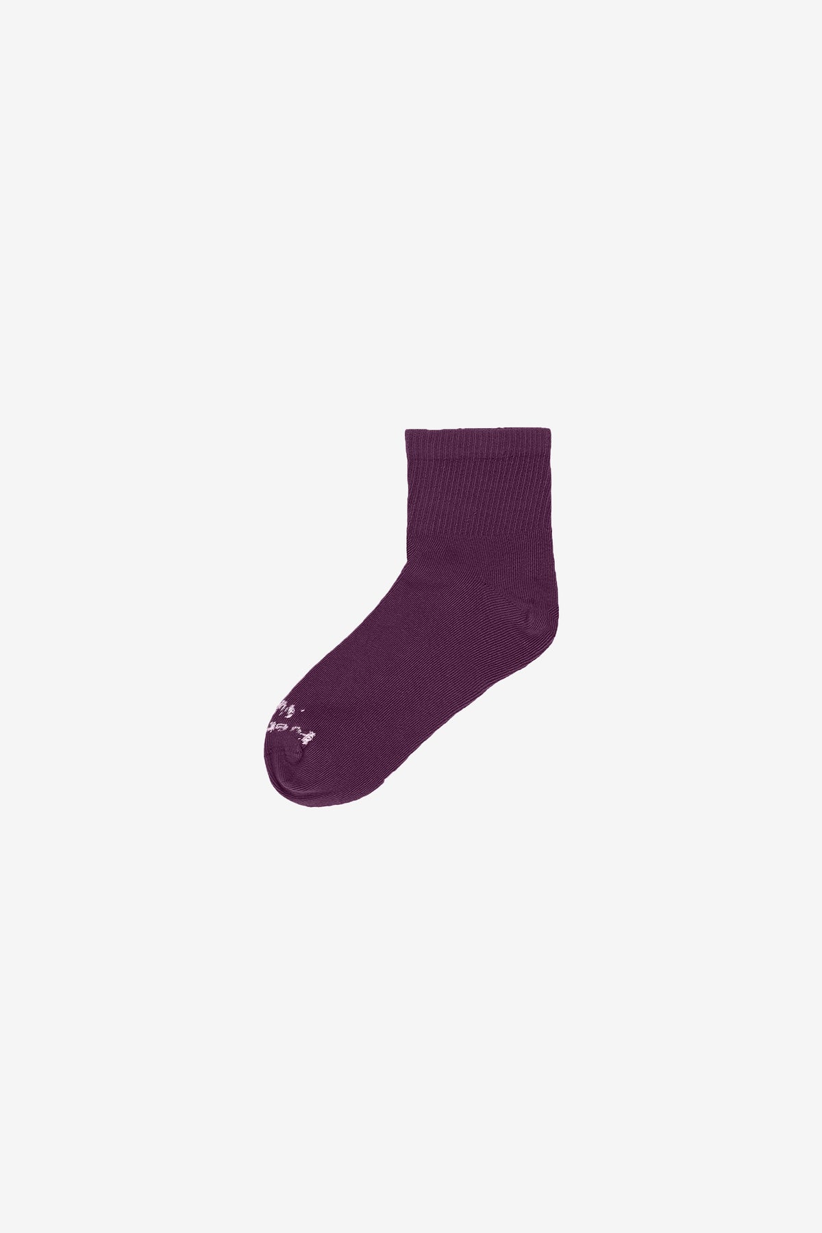 Flat lay of Washed Mulebrry Spring Socks with Everybody.World branding in white.