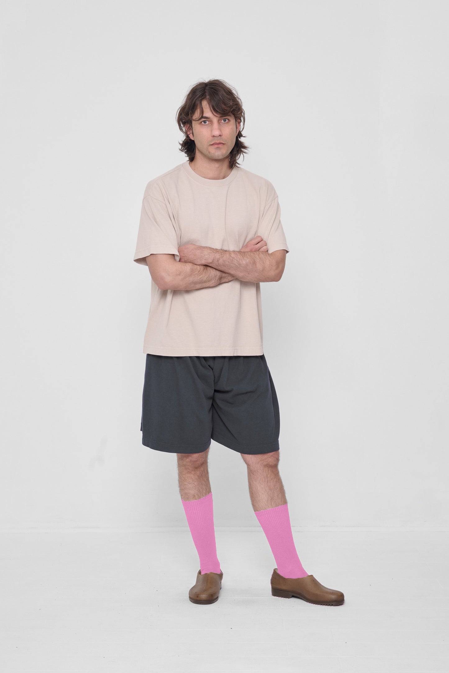 Styled with Oat Short Sleeve Trash Tee and Slate Long Tubular Shorts.