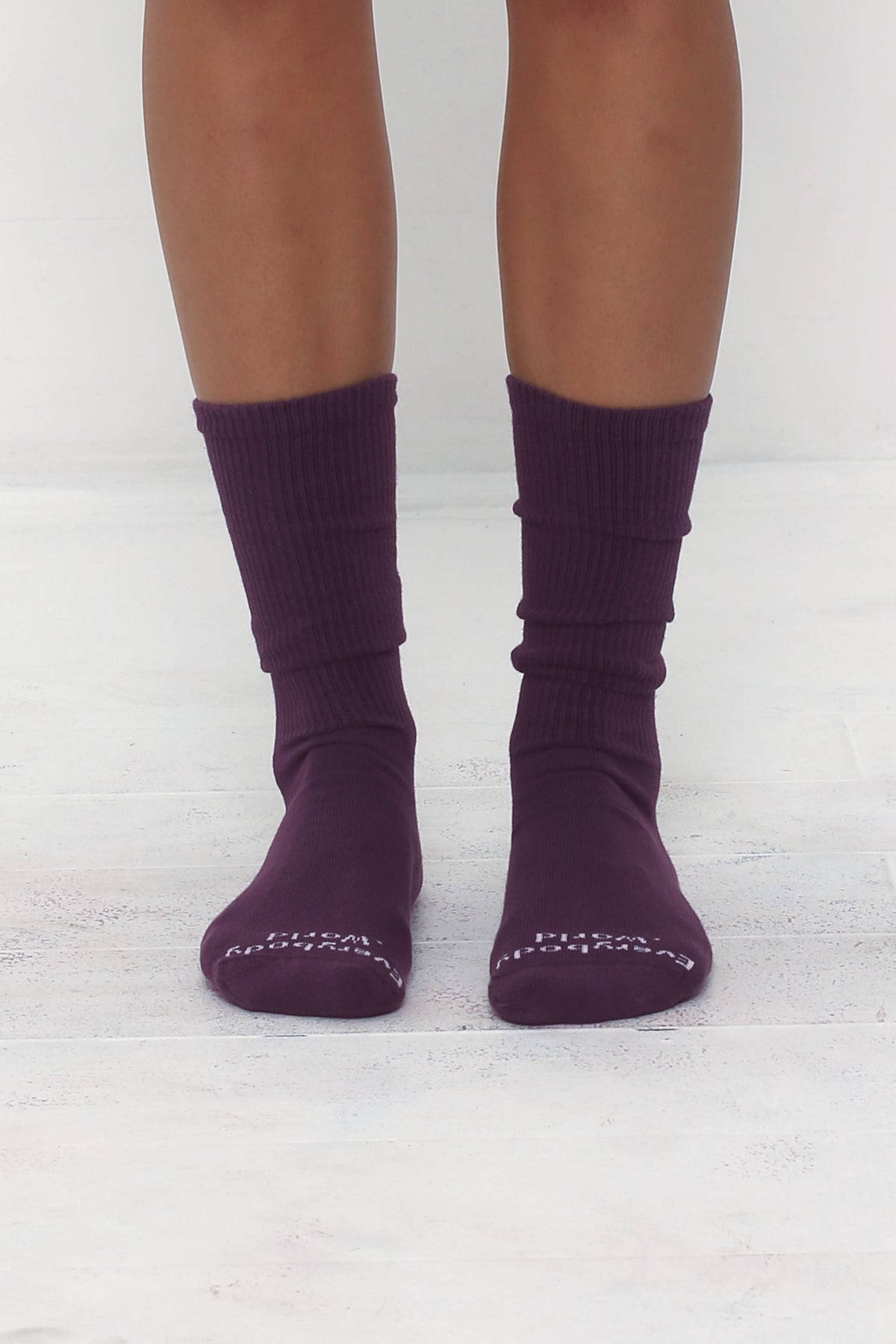 Washed Mulberry Socks, branded 'Everybody.World' in white at the toe, mid-calf high.