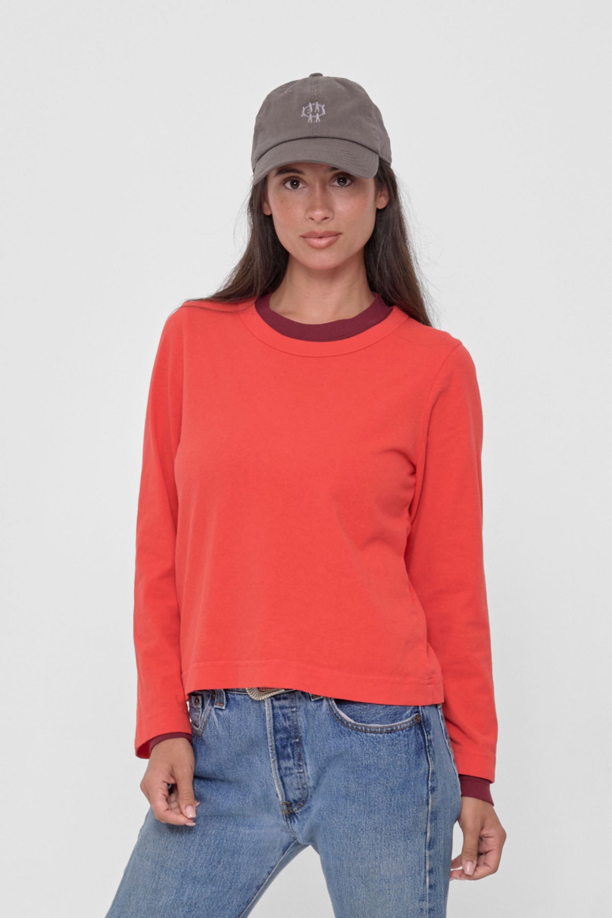 Straight Sleeve Tailored Trash Tee in Lava – front view on model, worn over a Garnet shirt, a separate product sold separately