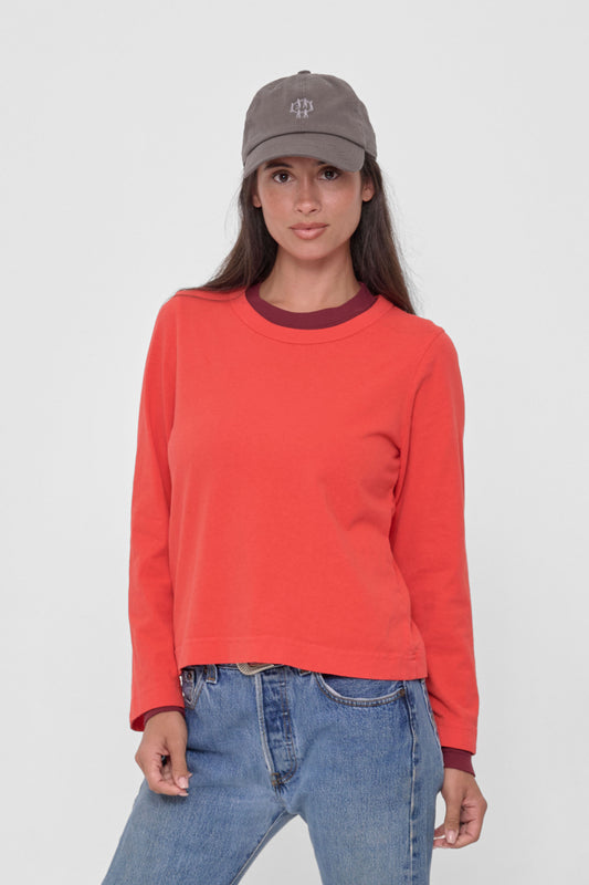 Straight Sleeve Tailored Trash Tee in Lava – front view on model, worn over a Garnet shirt, a separate product sold separately