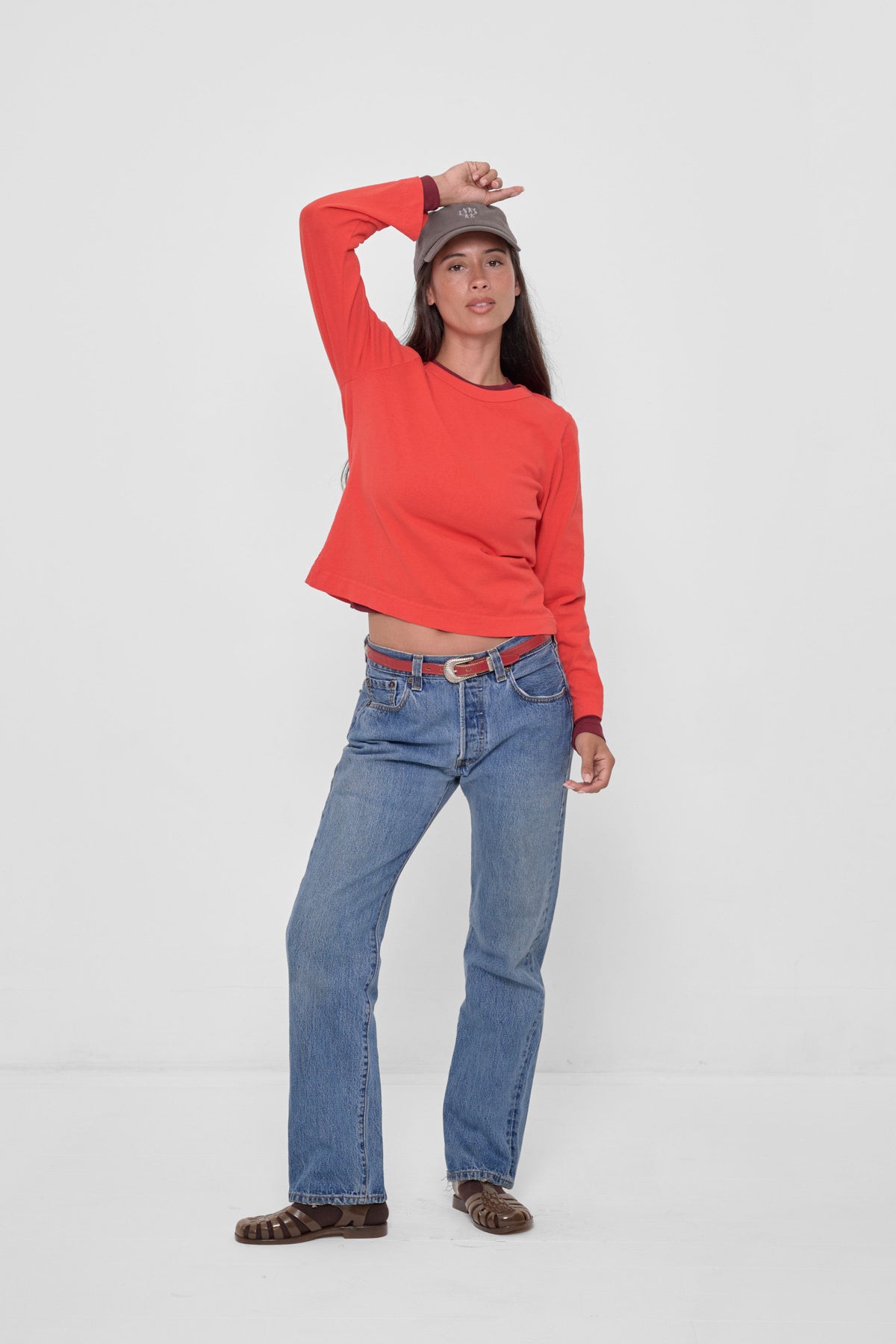 Straight Sleeve Tailored Trash Tee in Lava – front view on model, worn over a Garnet shirt, a separate product sold separately