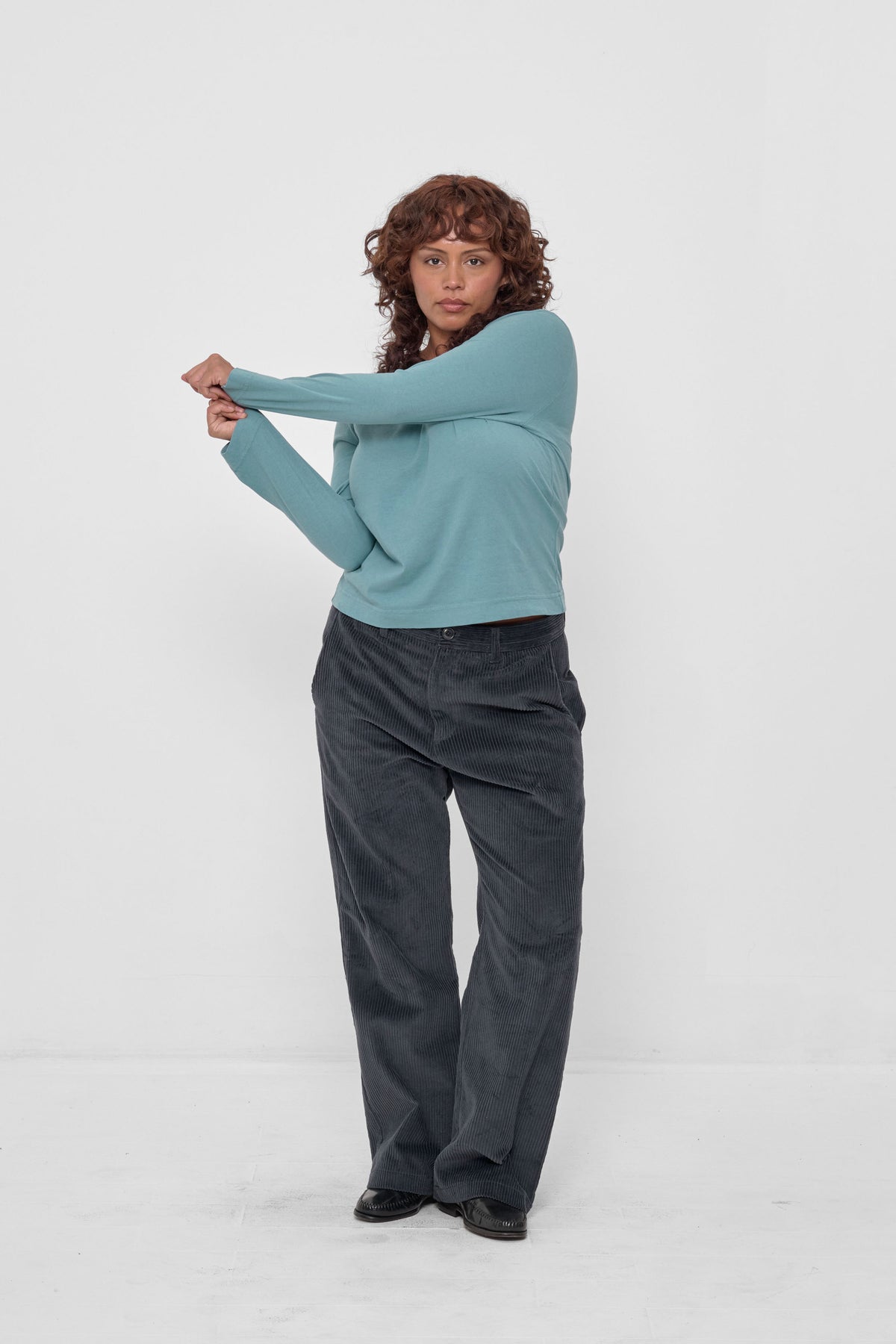 Straight Sleeve Tailored Trash Tee in Oyster - full body view on model, styled with Slate Cord Pants
