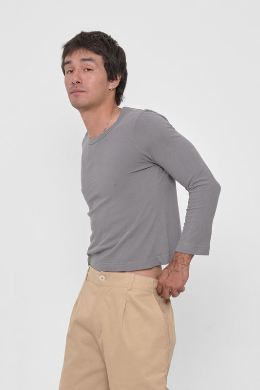 Straight Sleeve Tailored Trash Tee in Stone - front view on model