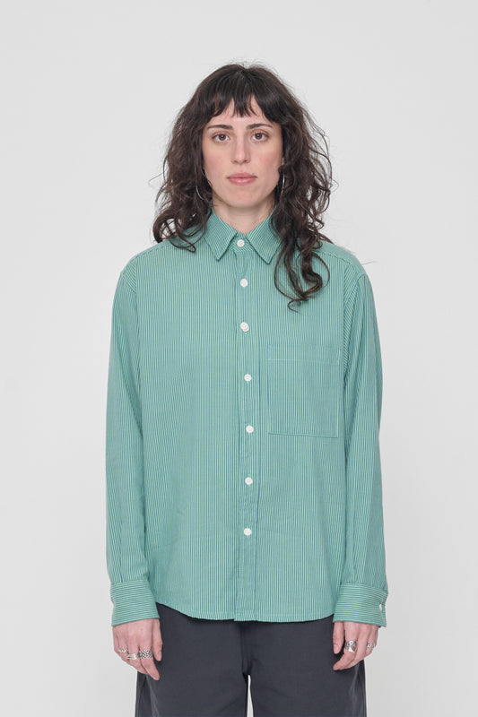 5'6" person in a size S Nice Grass Stripe Poplin Button Up Shirt. Hem just below the hips.