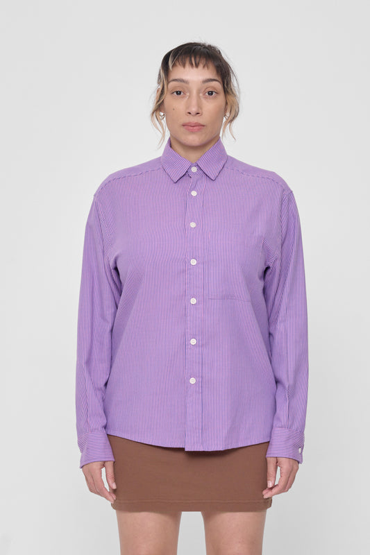 5'4" person in a size M Pixie Stripe Poplin Button Up Shirt. Hem just below the hips.