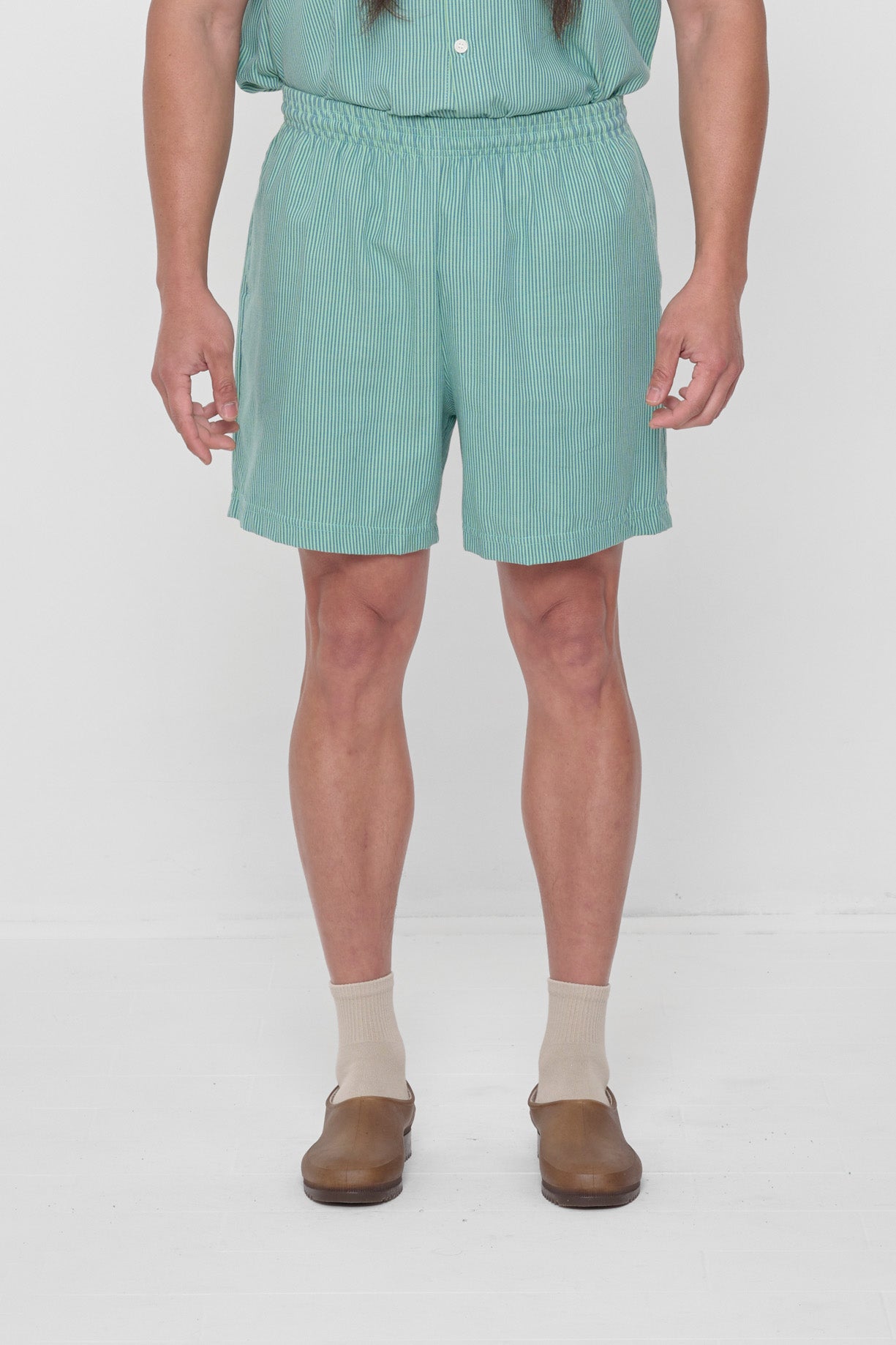 Size XL Nice Grass Stripe Everyday Shorts on a 5'11" model. Hem hits just above their knee.