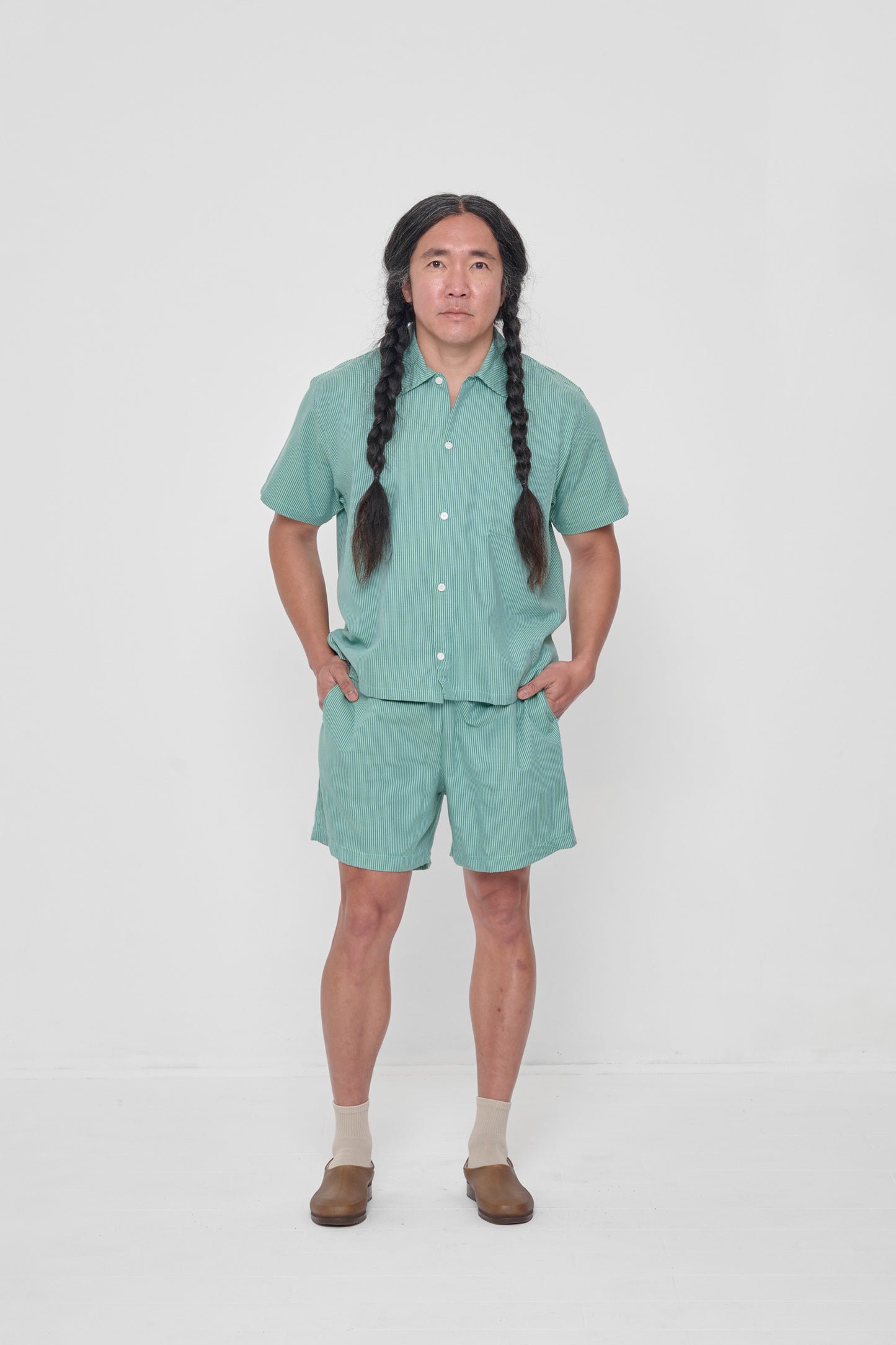 Styled with Nice Grass Stripe Short Sleeve Button Up Shirt and Oat Spring Socks.