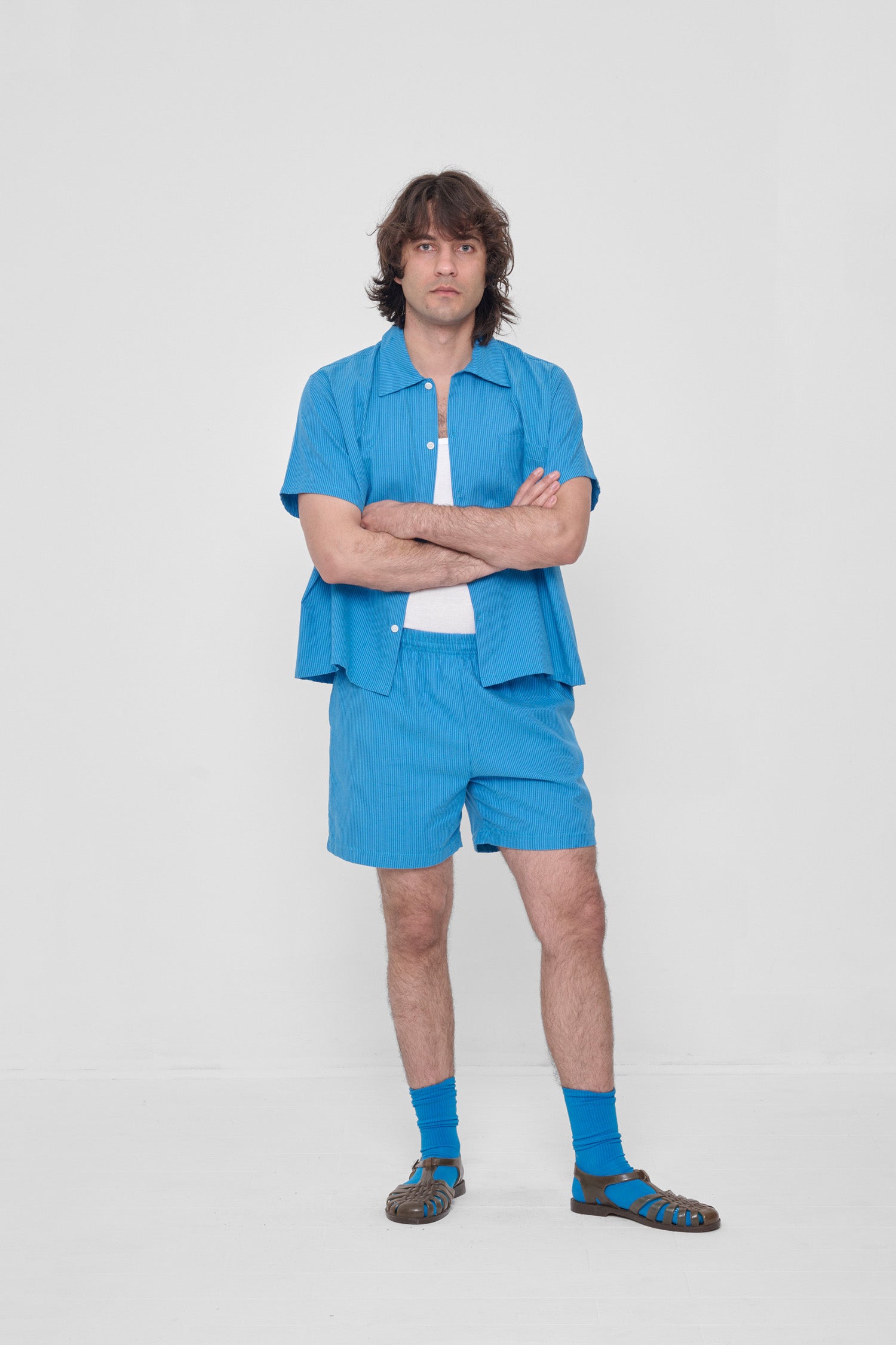 Styled with Malibu Stripe Short Sleeve Button Up Shirt and Malibu Squishy Socks.