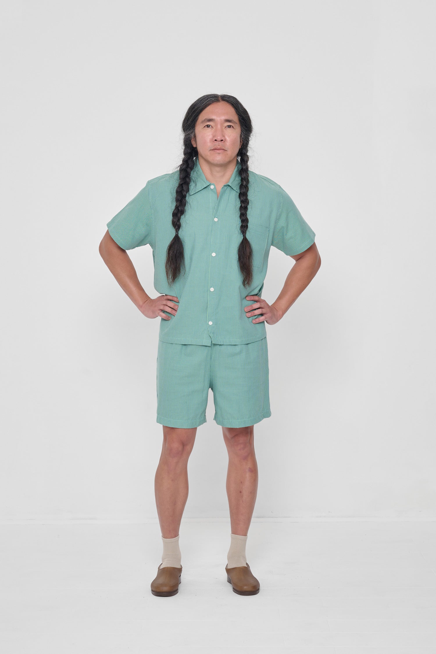 Styled with Nice Grass Stripe Everyday Shorts and Plasticana Gardana Clogs.
