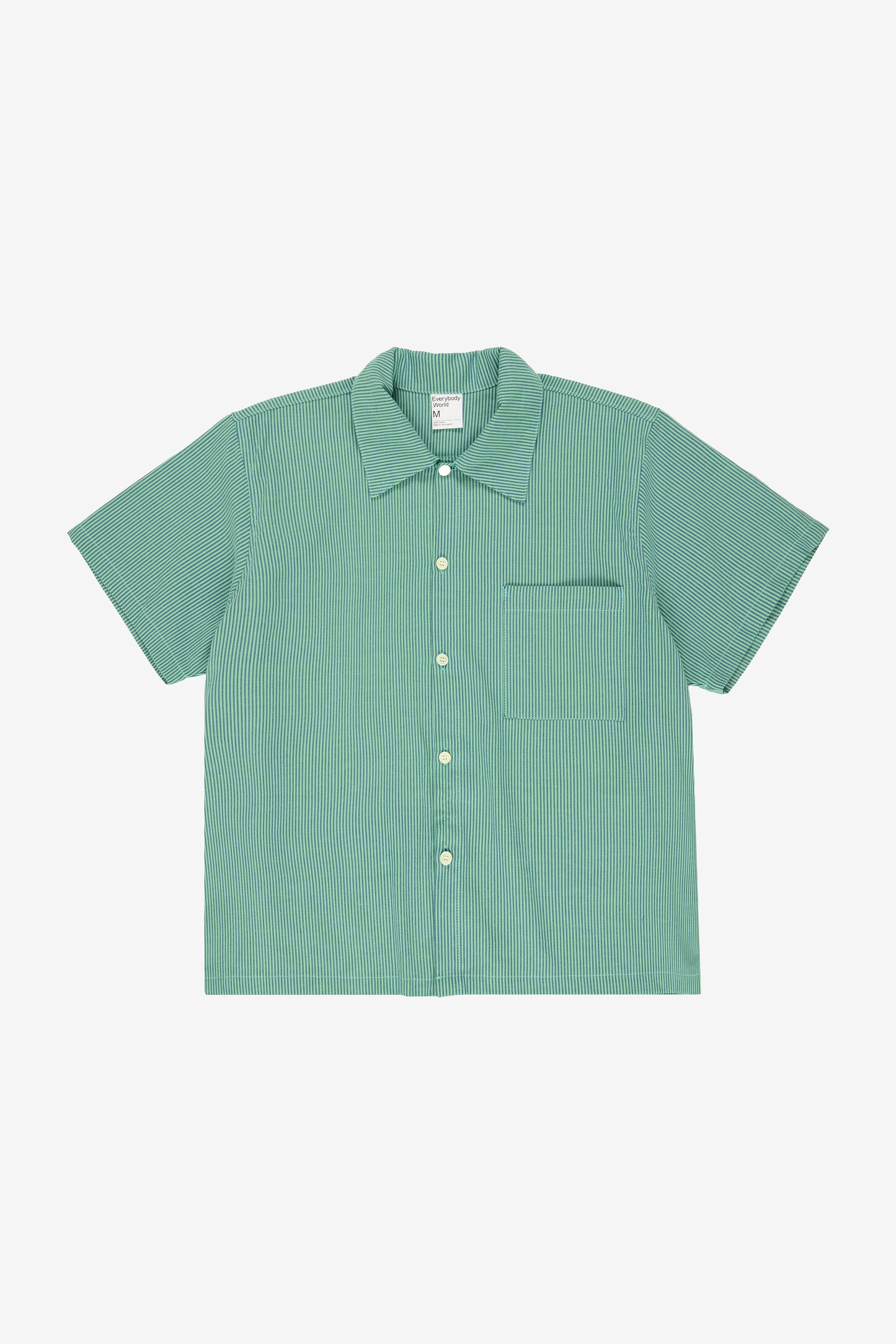 Flat lay front view showing crisp woven fabric texture, stripe pattern, and boxy rectangular cut.