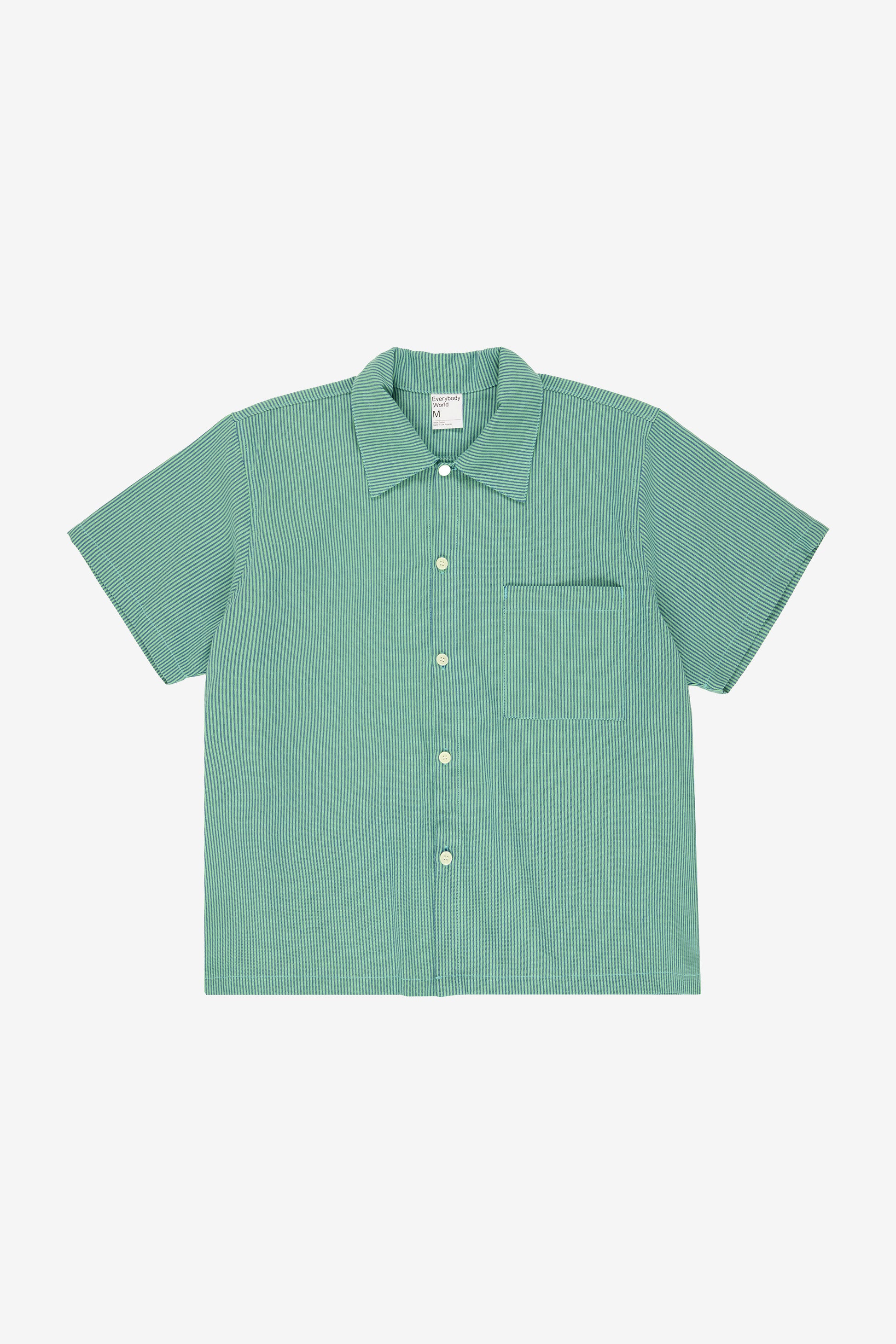 Flat lay front view showing crisp woven fabric texture, stripe pattern, and boxy rectangular cut.