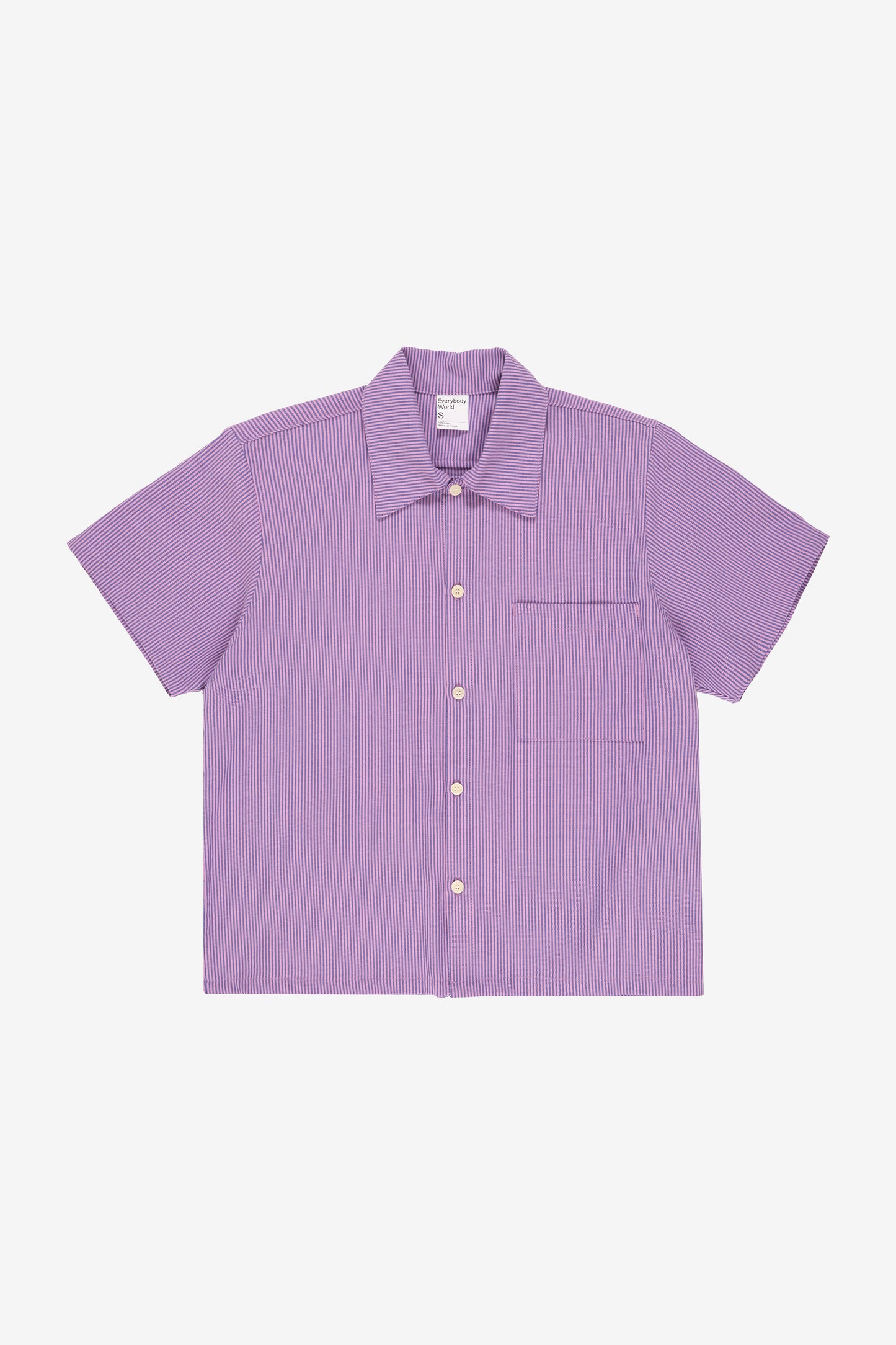 Flat lay front view showing crisp woven fabric texture, stripe pattern, and boxy rectangular cut.