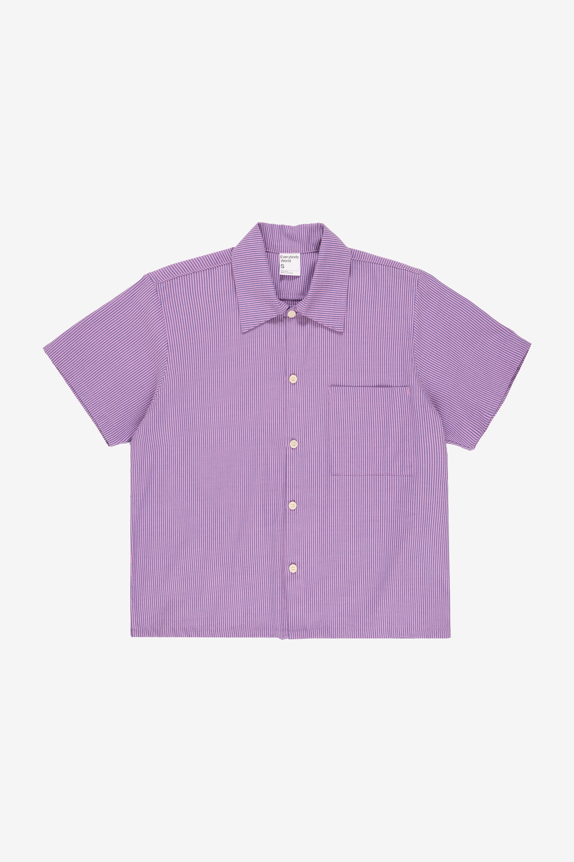 Flat lay front view showing crisp woven fabric texture, stripe pattern, and boxy rectangular cut.