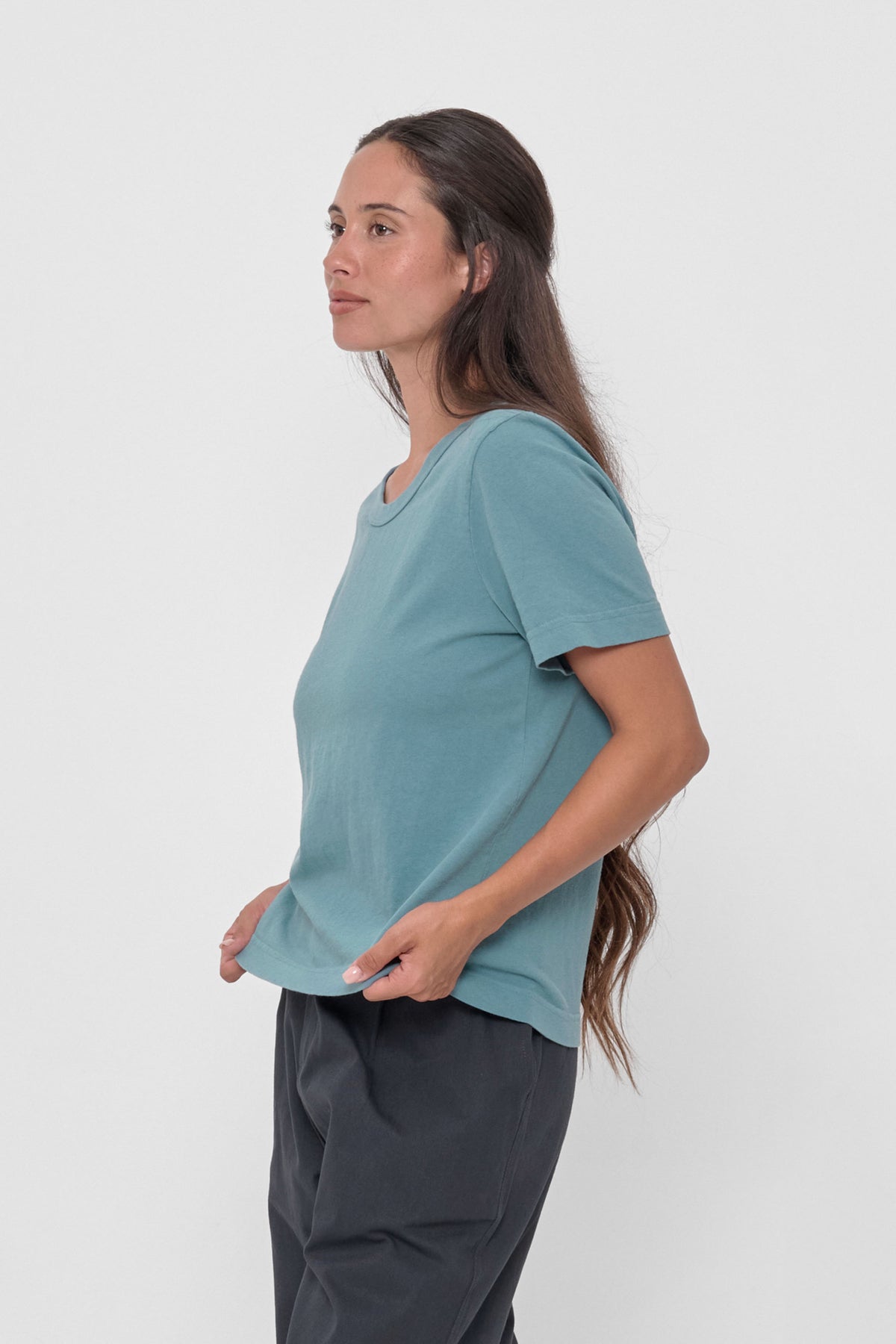 Tailored Trash Tee in Oyster – side view on model