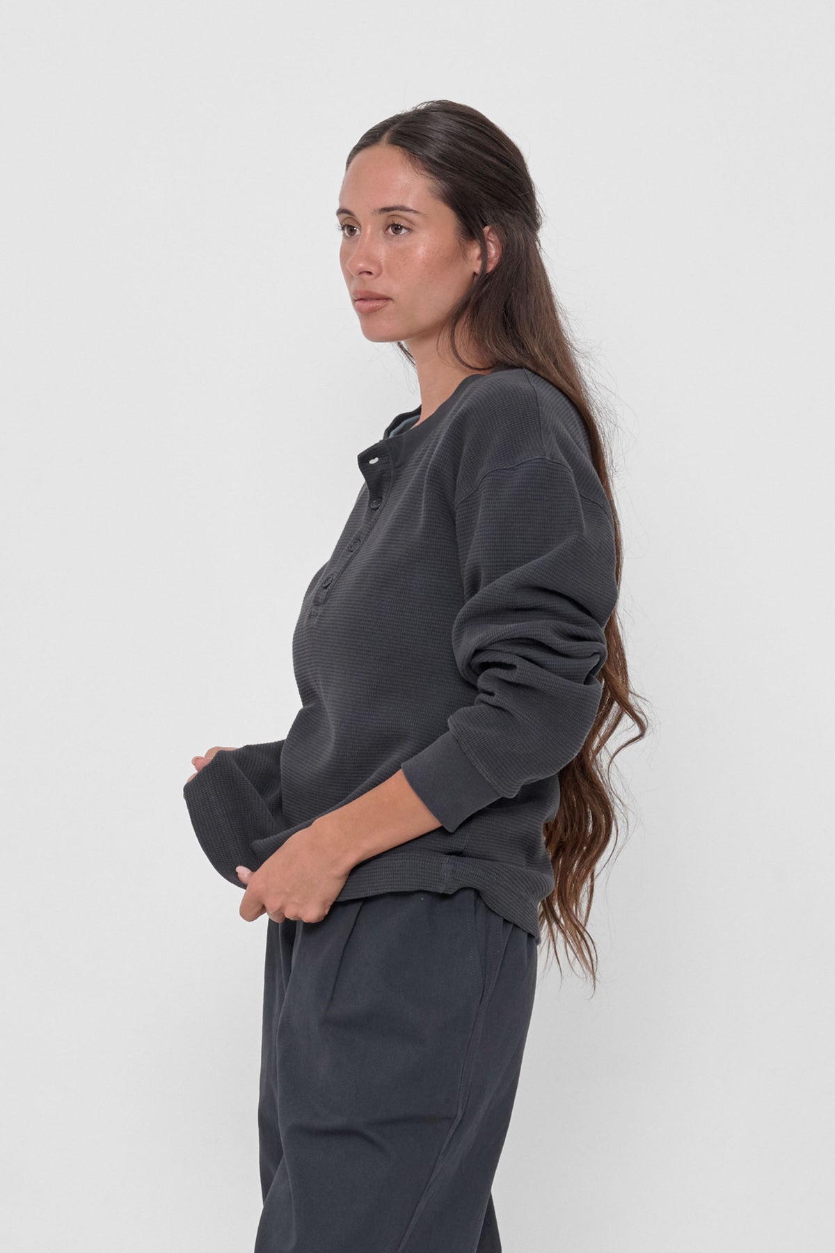 Thermal Henley Trash Tee in Slate – side view on model