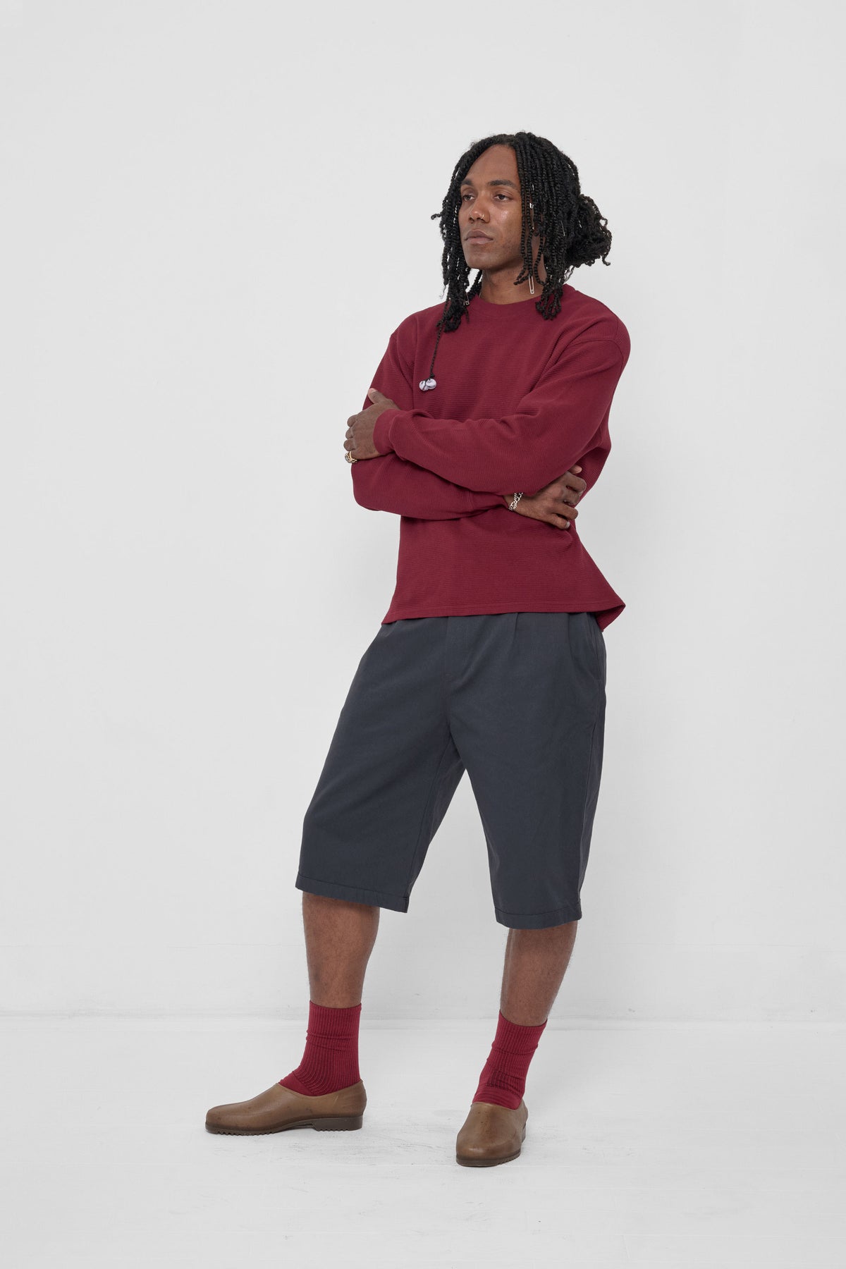 Thermal Trash Tee in Garnet – 3/4 front view on model, styled with Slate Bermuda Shorts