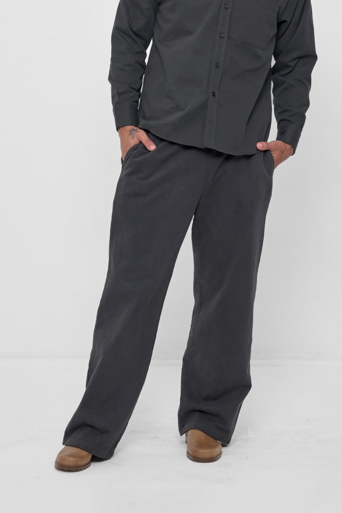 Trash Fleece Apartment Pants in Slate – front view on model