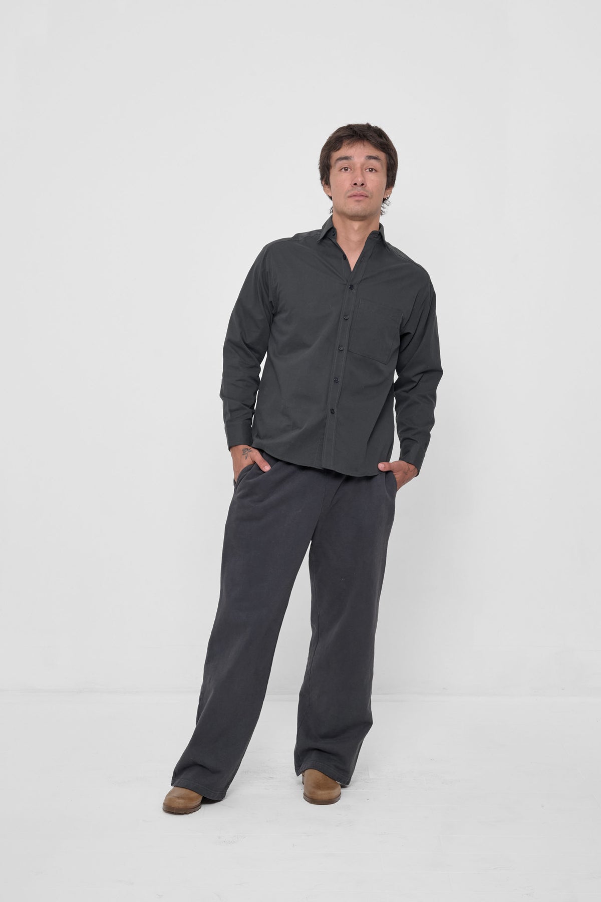 Trash Fleece Apartment Pants in Slate – front view on model, styled with matching Peach Fuzz Button-Up Shirt