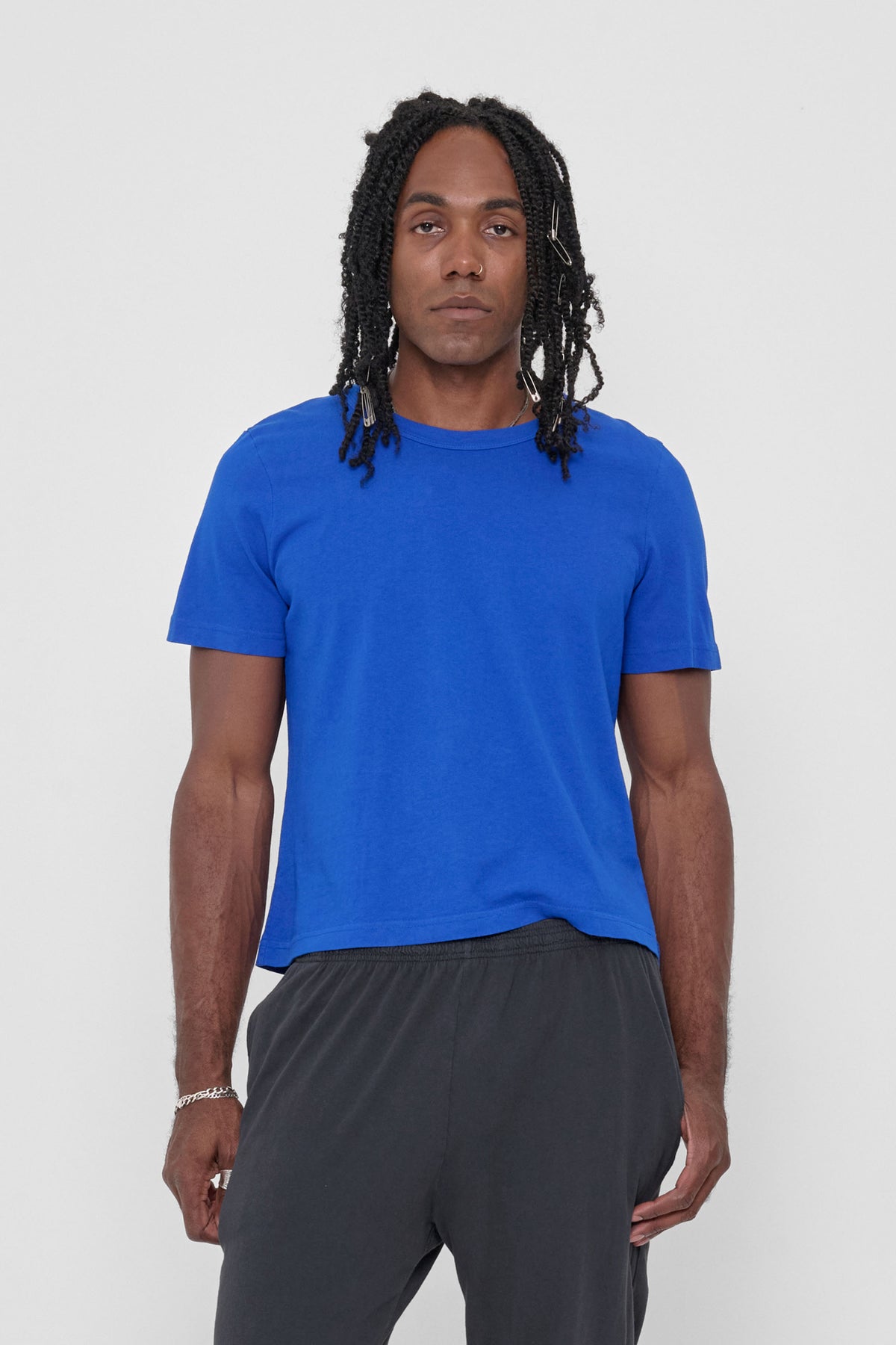 Tailored Trash Tee in Lapis – front view on model