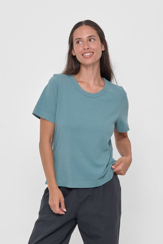 Tailored Trash Tee in Oyster – front view on model