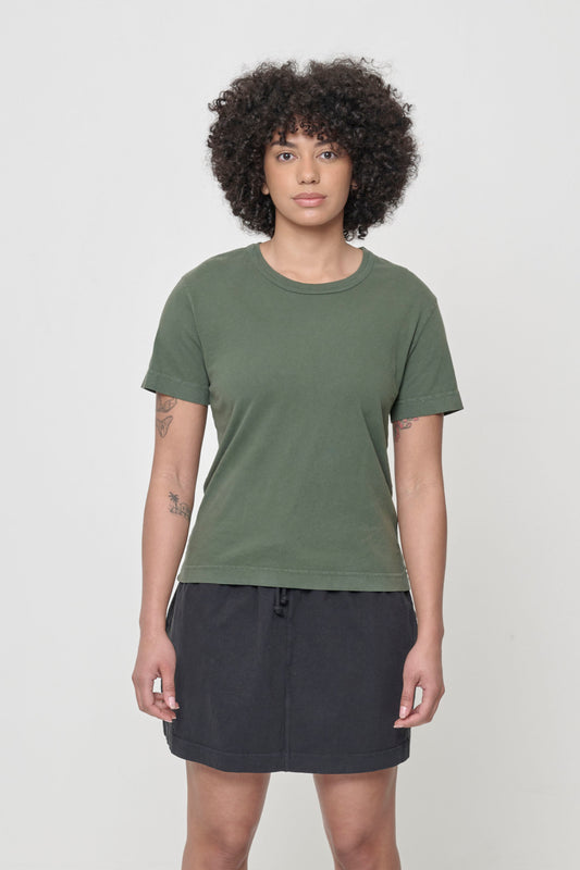 5'8" woman wearing Pine Tailored Trash Tee in Size M, shirt hem hits her lower middle hip.