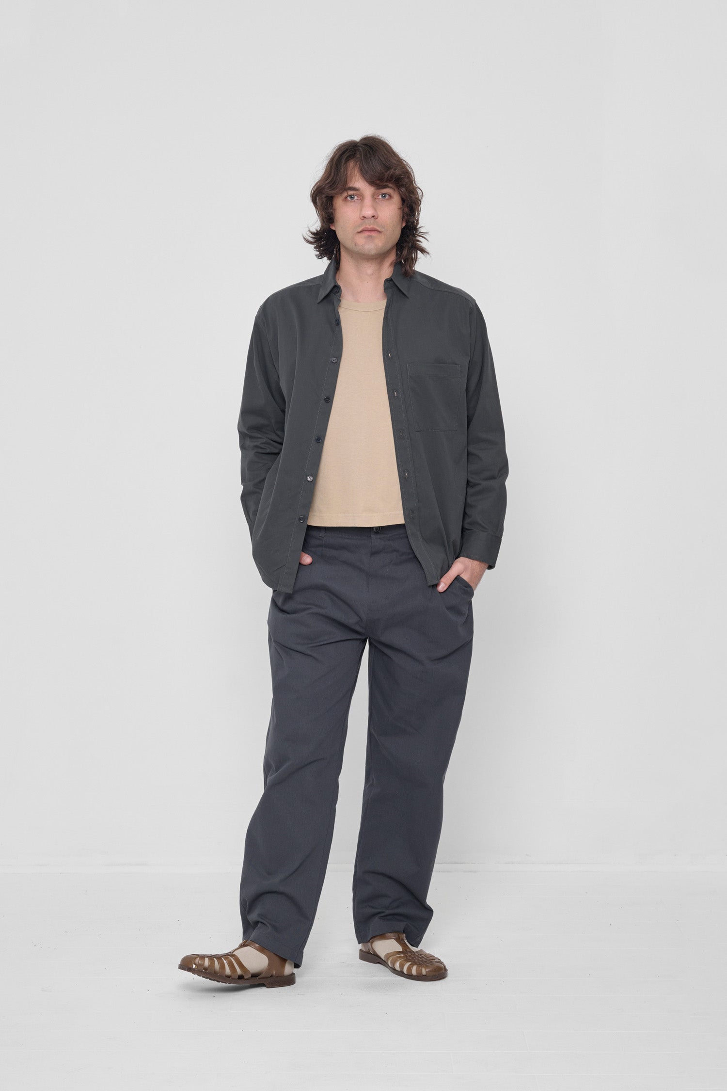 Styled under an unbuttoned Slate Peach Fuzz Twill Button-Up Shirt and Life Uniform Pants.
