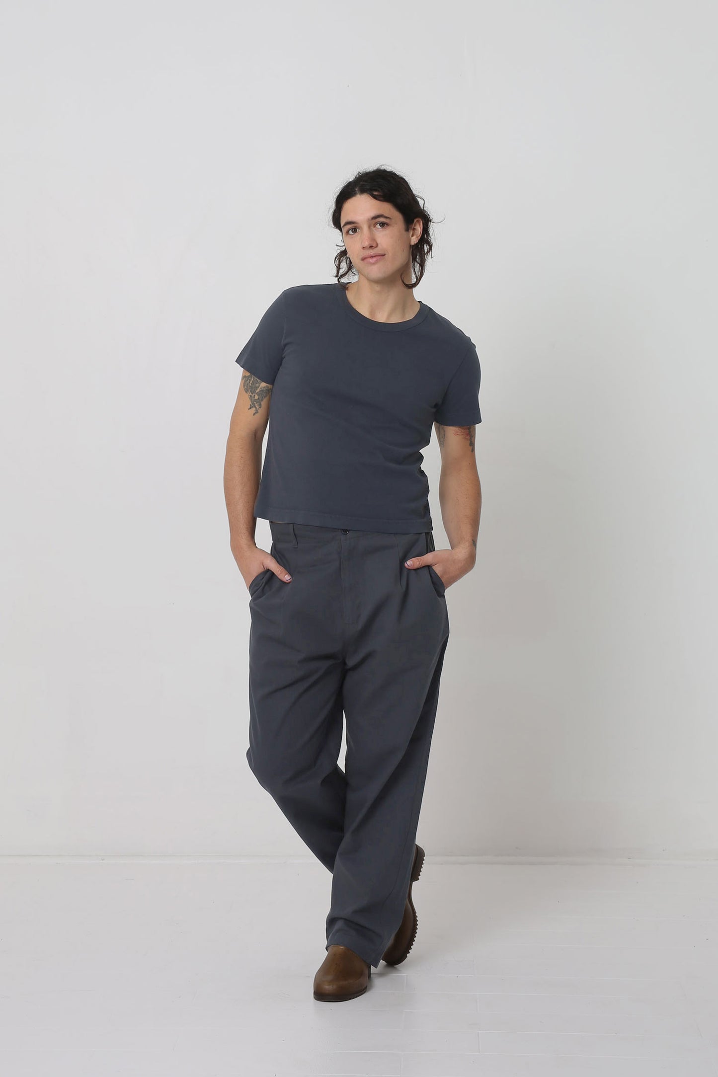 Styled with Slate Cotton Twill Life Uniform Pants and Plasticana shoes.