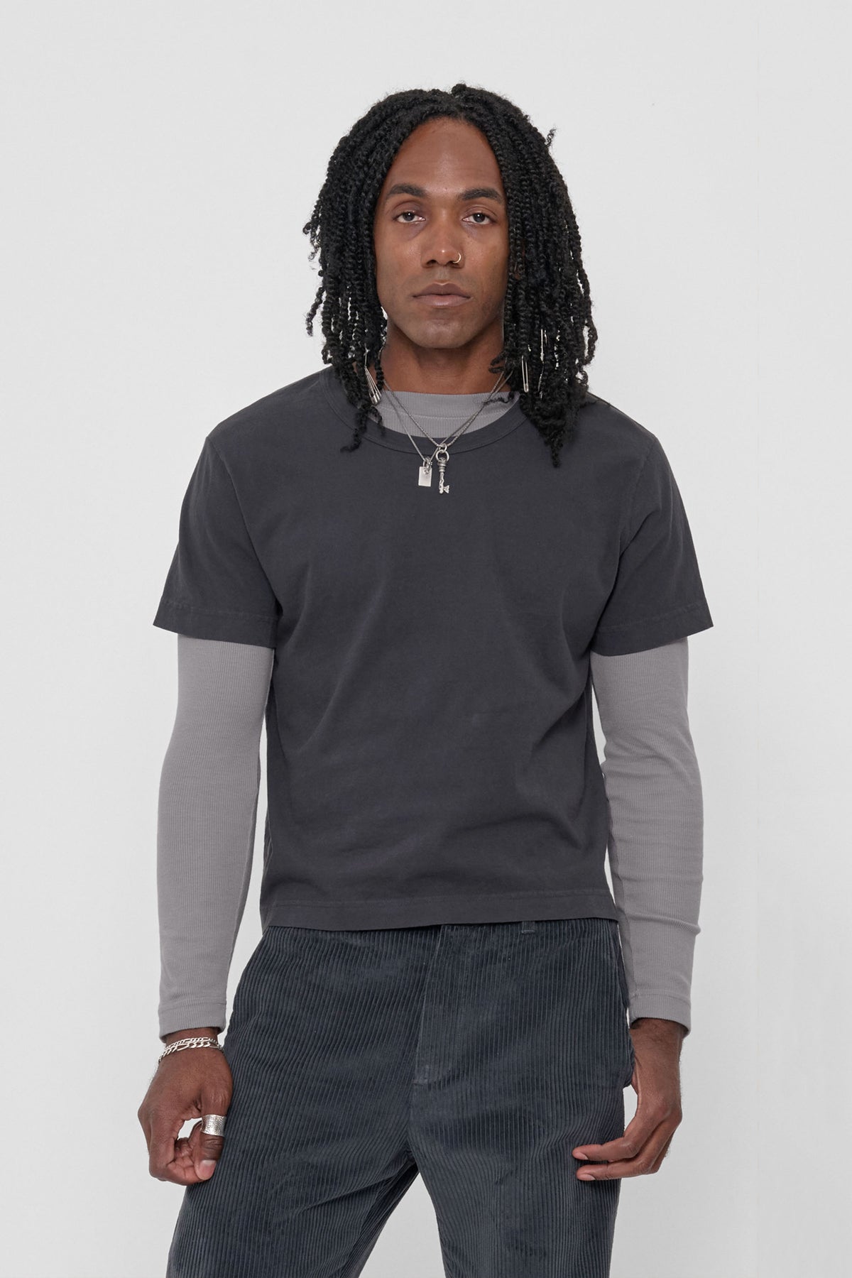 Tailored Trash Tee in Slate – front view on model, tee layered Stone Rib Long Sleeve