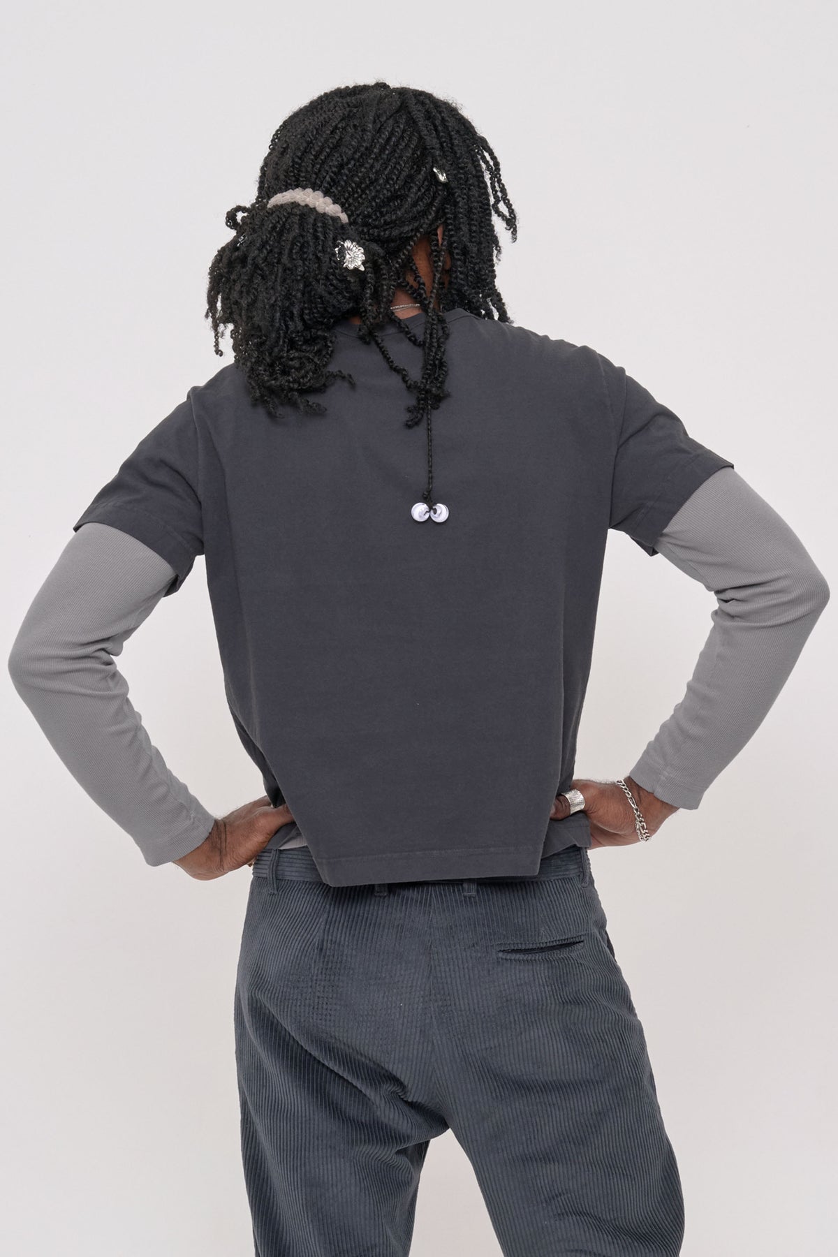 Tailored Trash Tee in Slate – back view on model