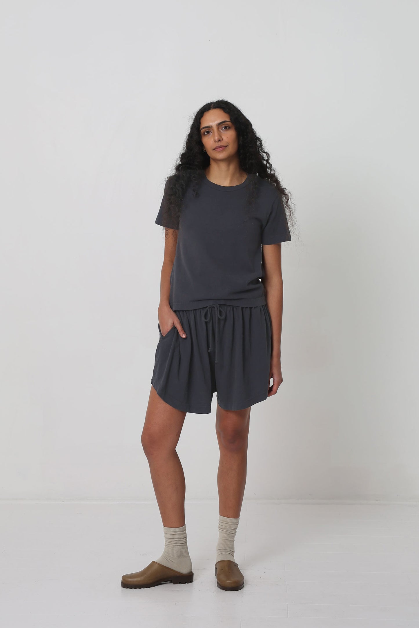 Styled with Slate Tubular Shorts, Oat Squishy Socks and Plasticana shoes.