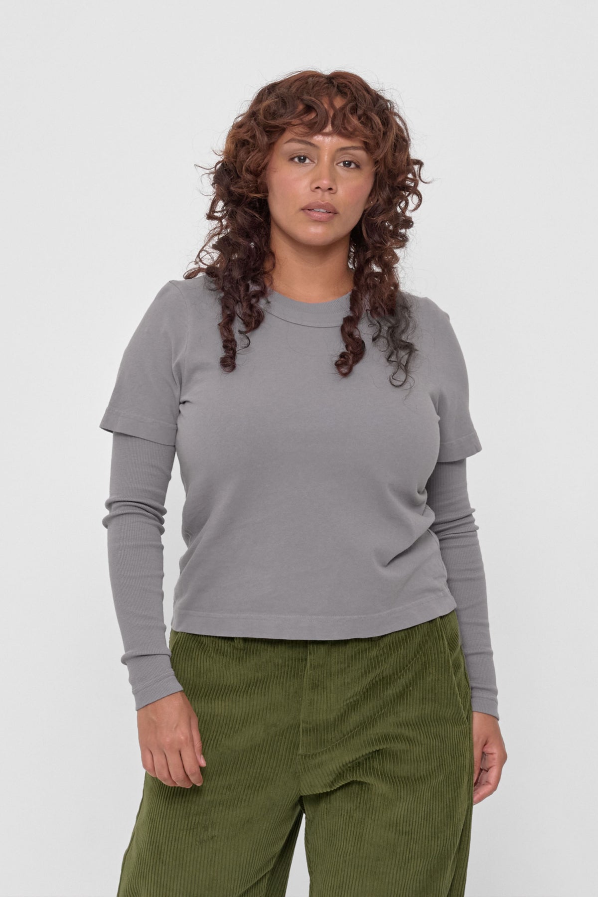 Tailored Trash Tee in Stone - front view on model