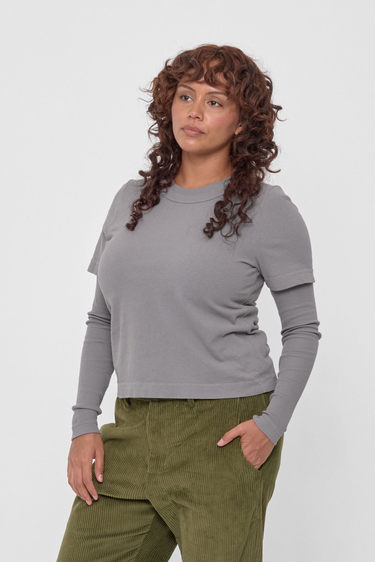 Tailored Trash Tee in Stone - 3/4 view on model