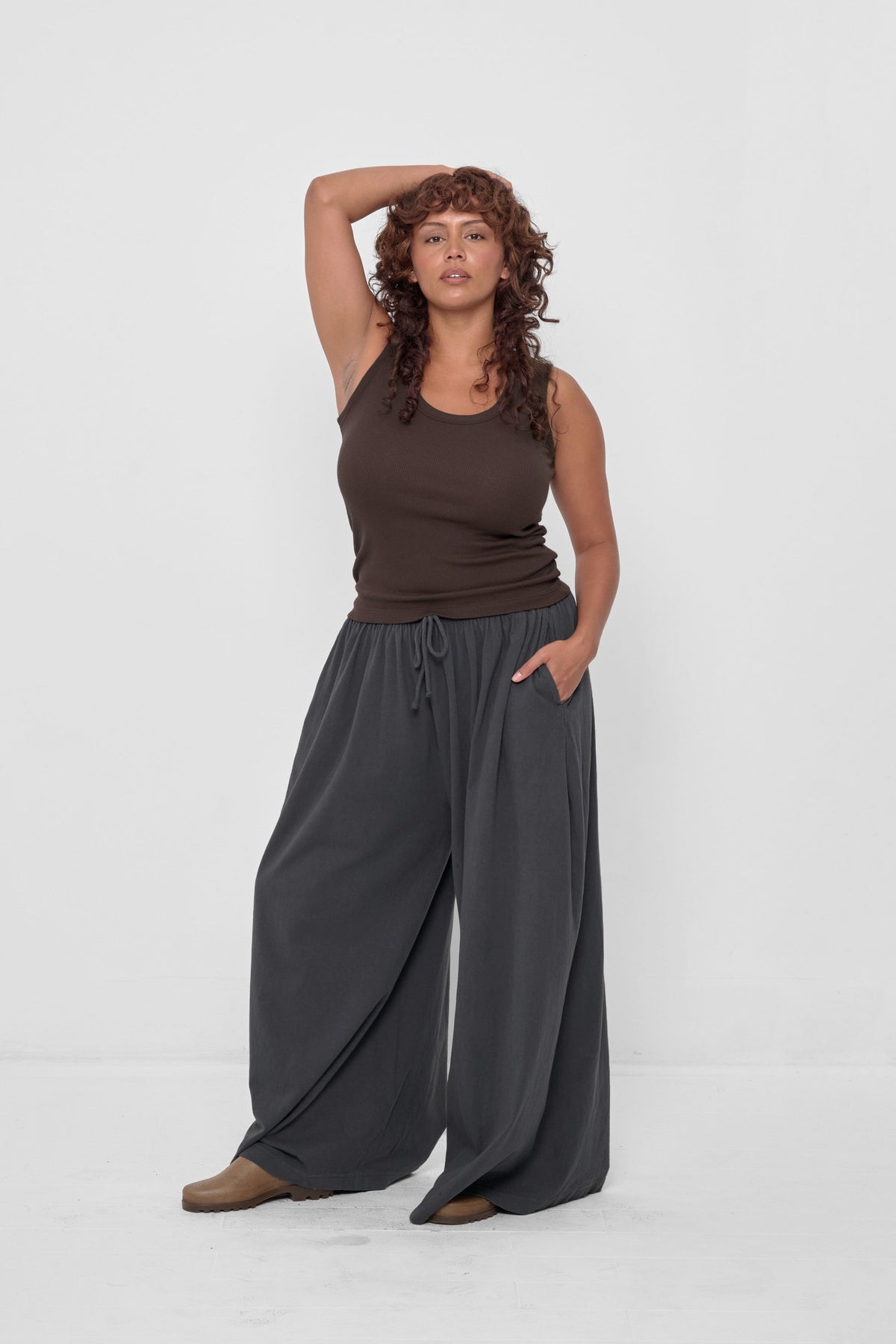 The Tank in Wet Soil – full body view on model, styled with Slate Tubular Pants