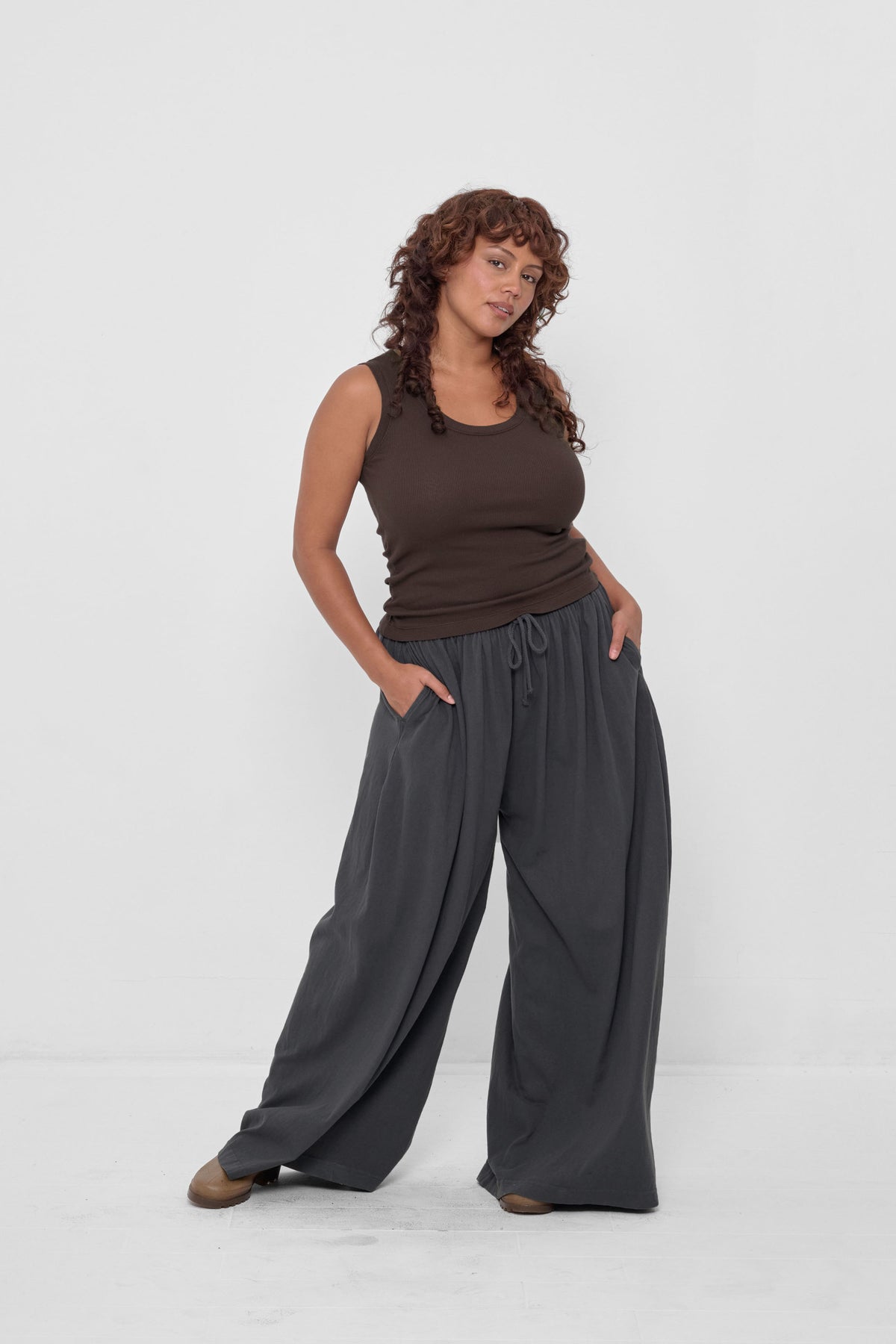 The Tank in Wet Soil – full body view on model, styled with Slate Tubular Pants