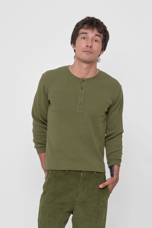 Thermal Henley Trash Tee in Olive – front view on model