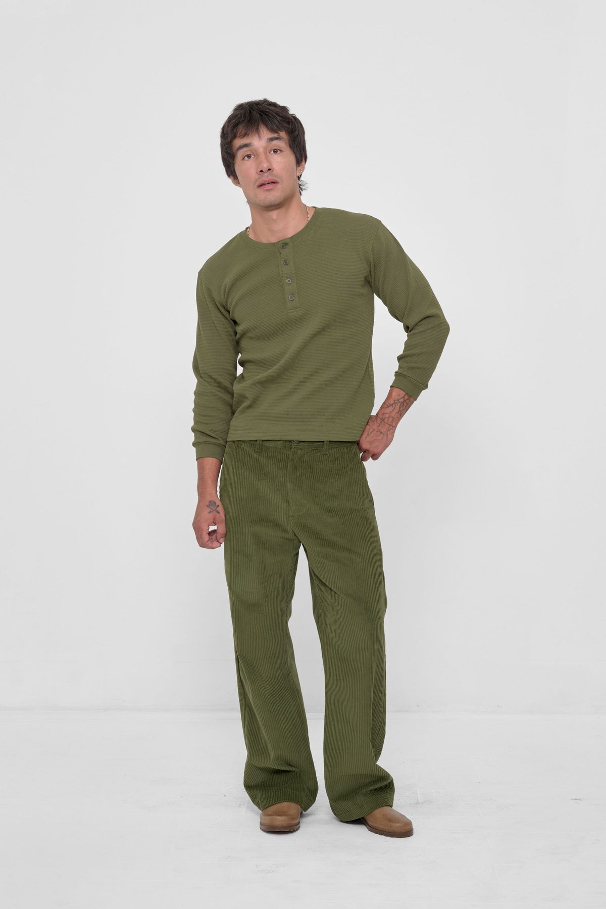 Thermal Henley Trash Tee in Olive – styled with matching Cord Pants and Plasticana shoes