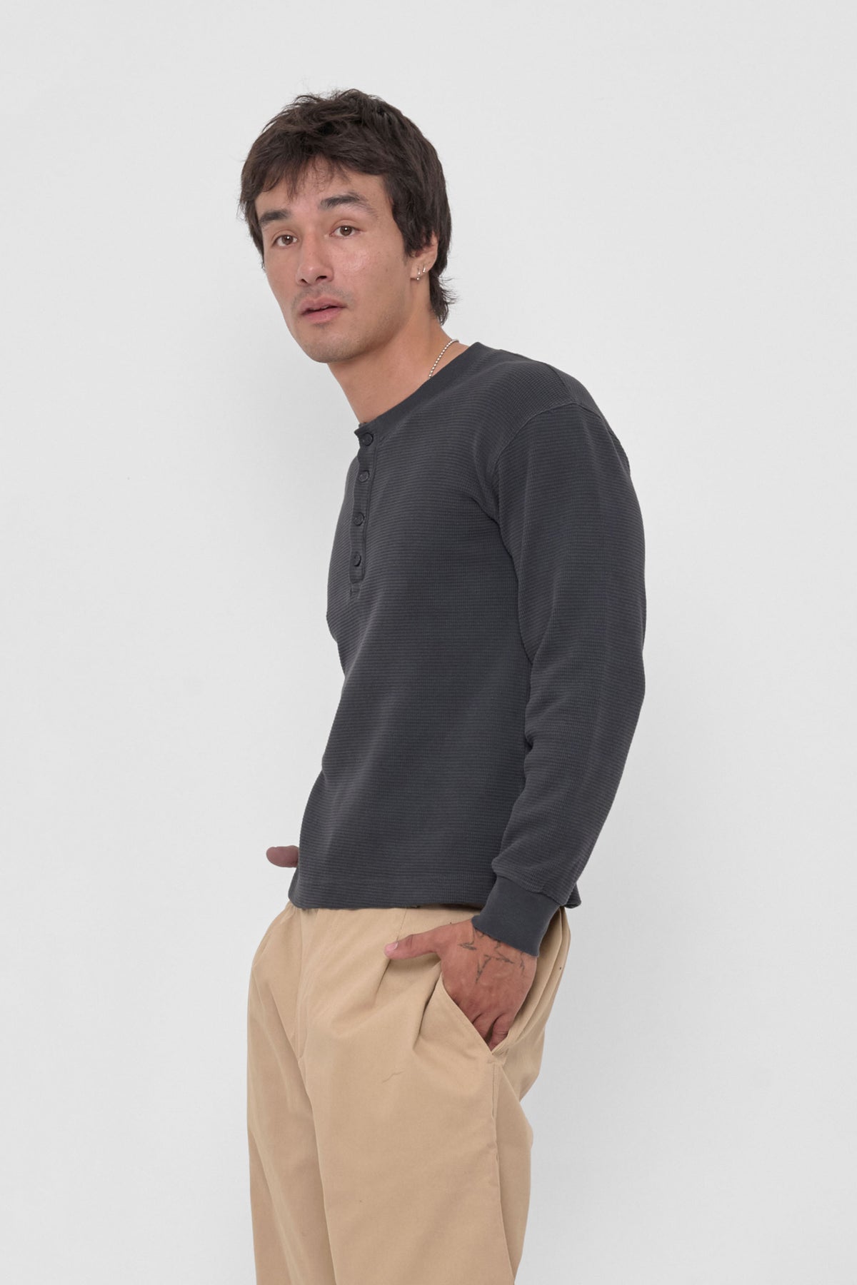 Thermal Henley Trash Tee in Slate – side view on model