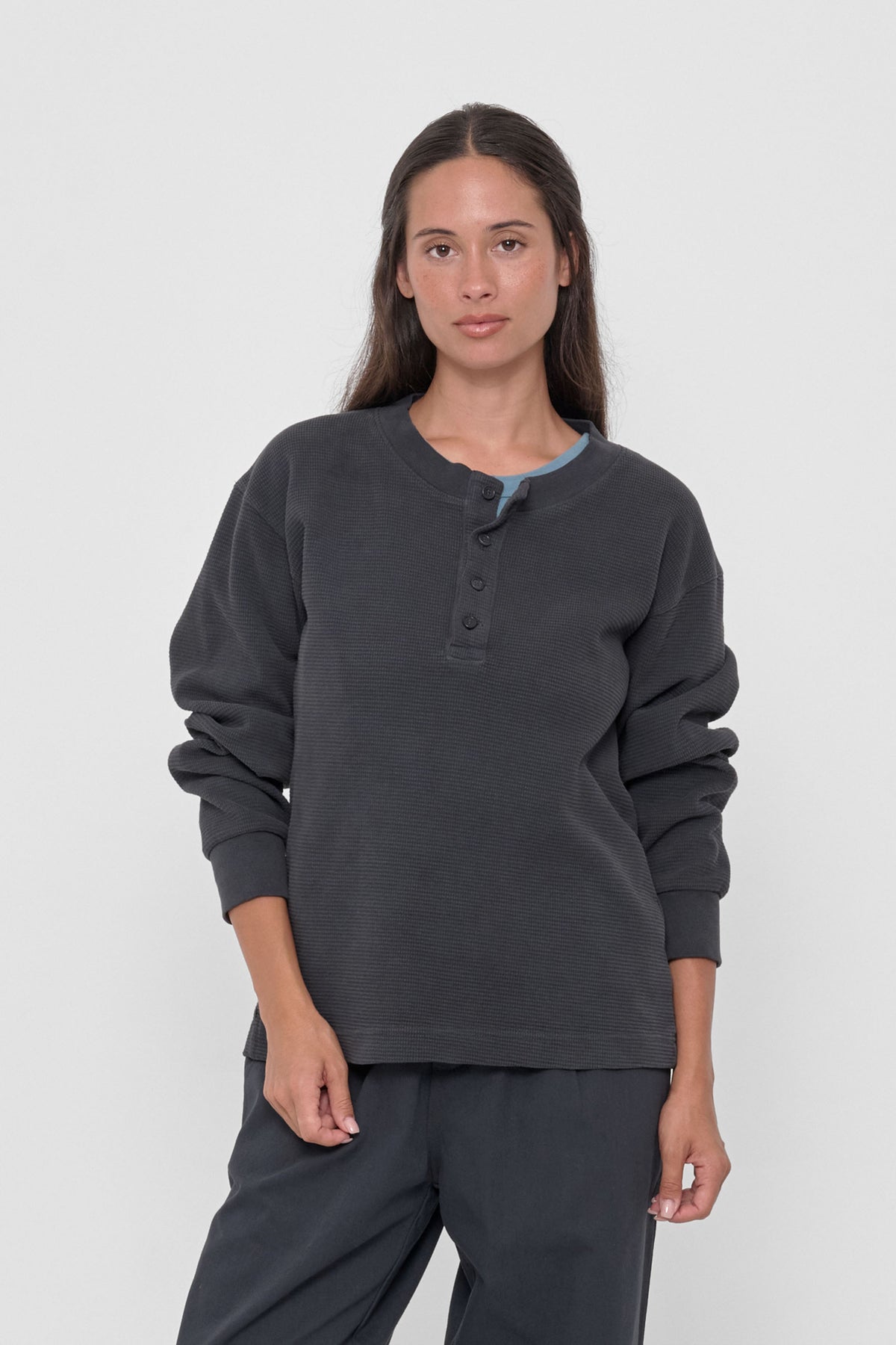 Thermal Henley Trash Tee in Slate – front view on model