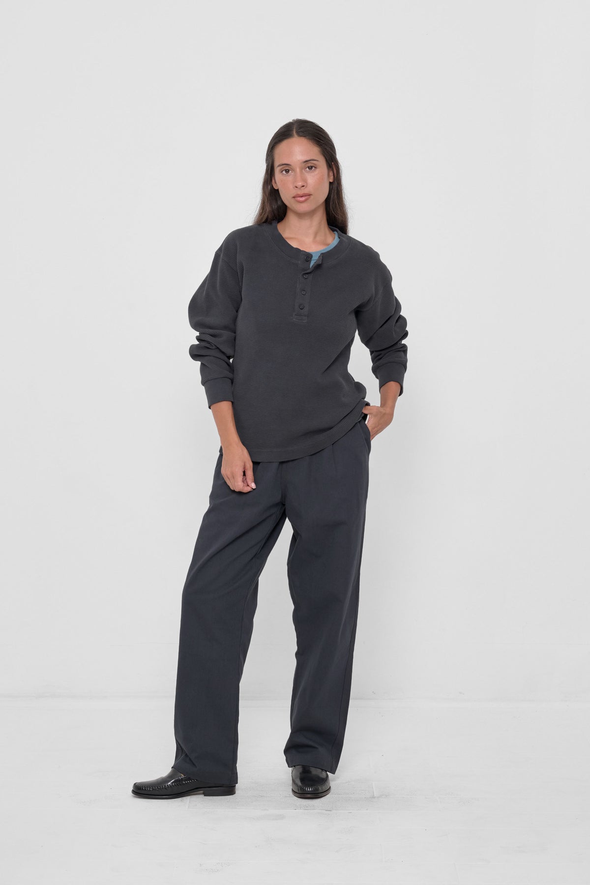 Thermal Henley Trash Tee in Slate – styled with matching Life Uniform Pants