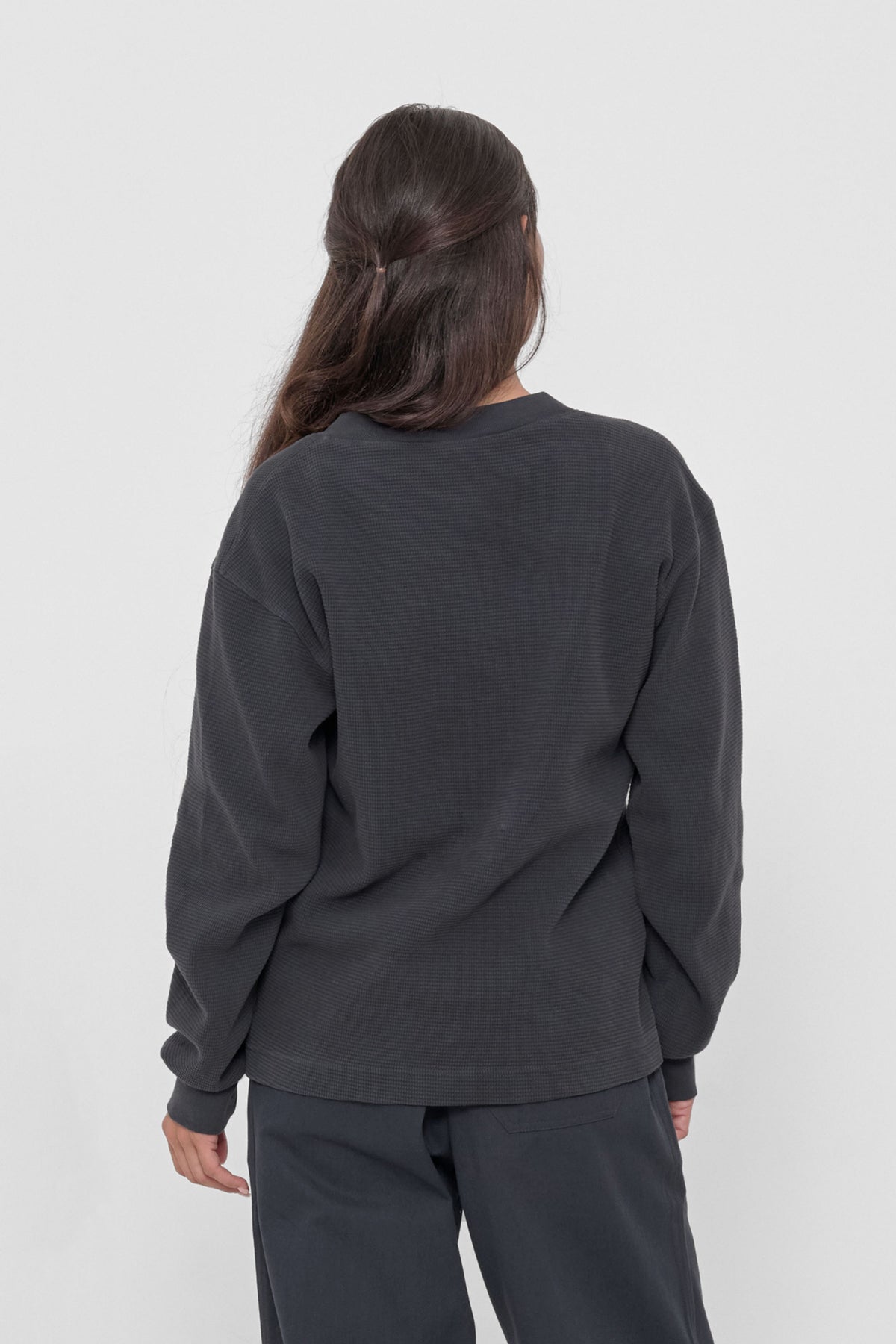 Thermal Henley Trash Tee in Slate – back view on model