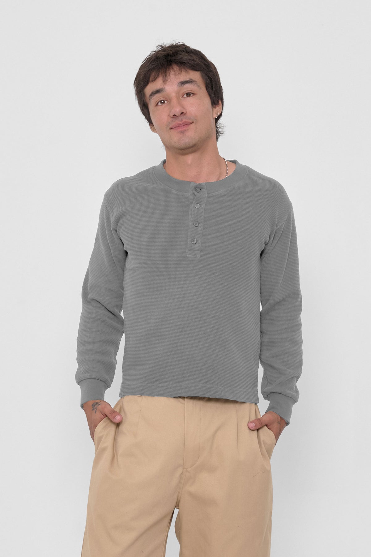 Thermal Henley Trash Tee in Stone – front view on model