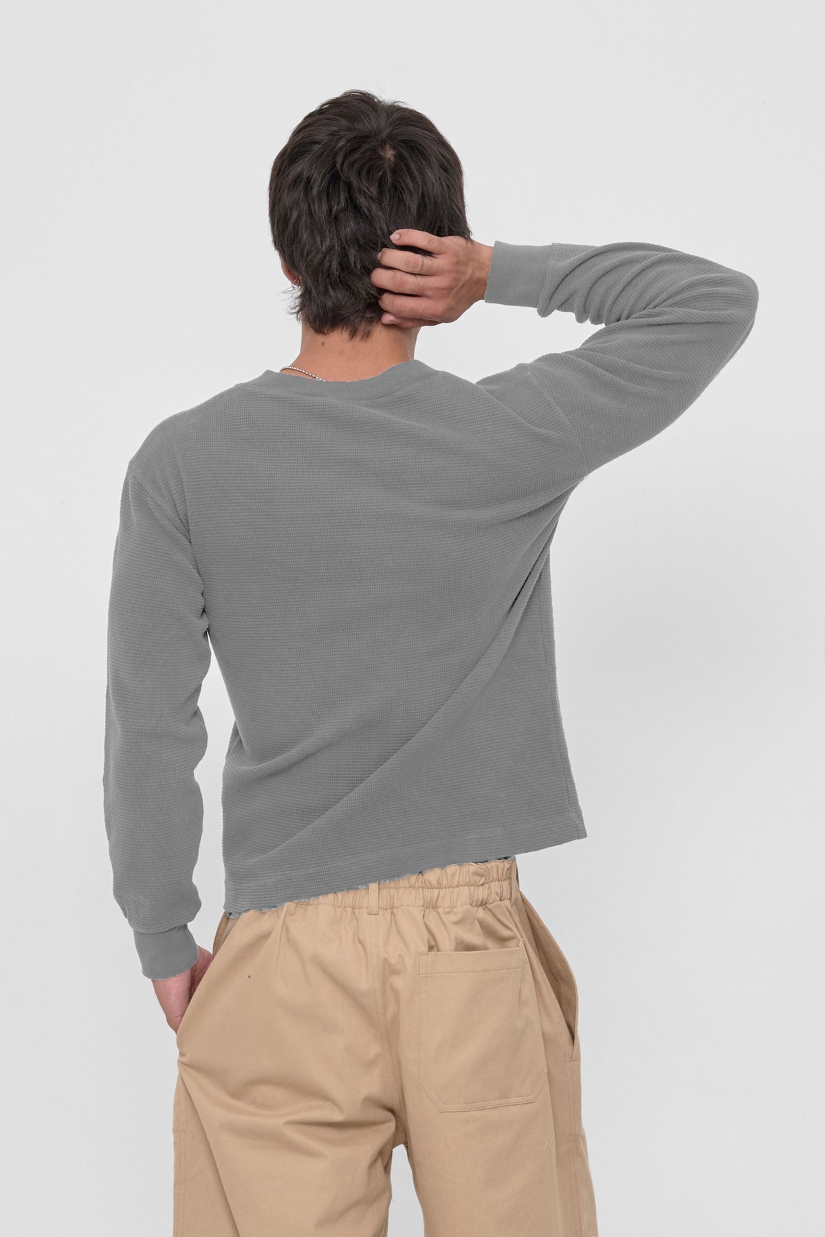 Thermal Henley Trash Tee in Stone – back view on model
