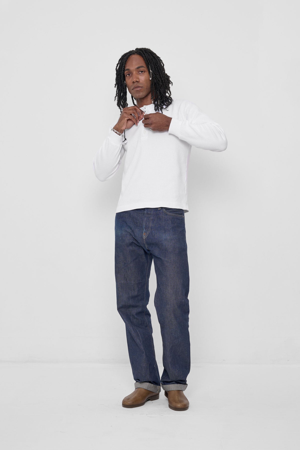 Thermal Henley Trash Tee in White – front view on model
