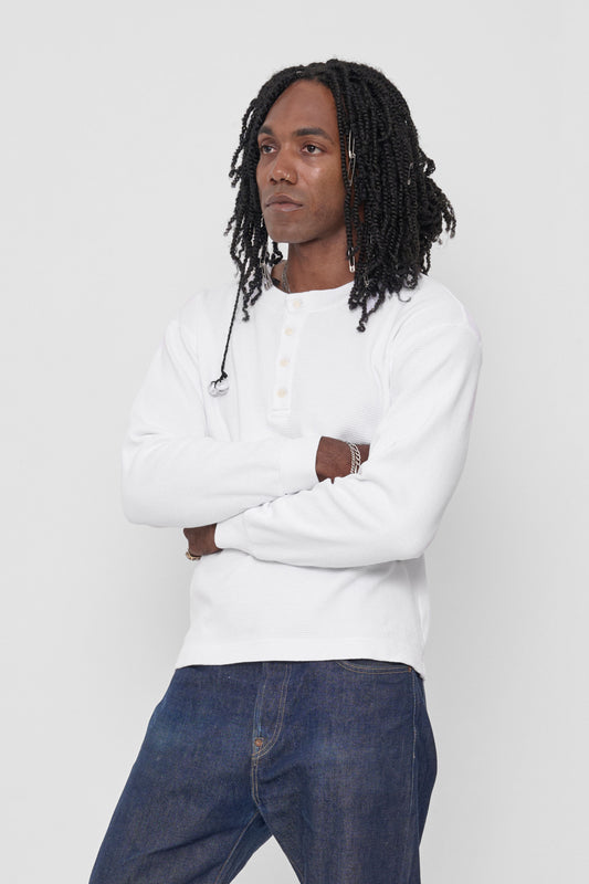 Thermal Henley Trash Tee in White – front view on model