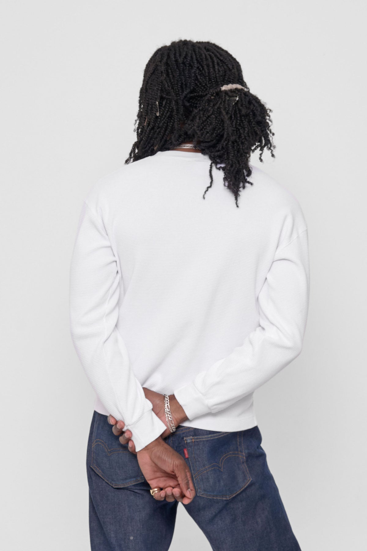 Thermal Henley Trash Tee in White – back view on model