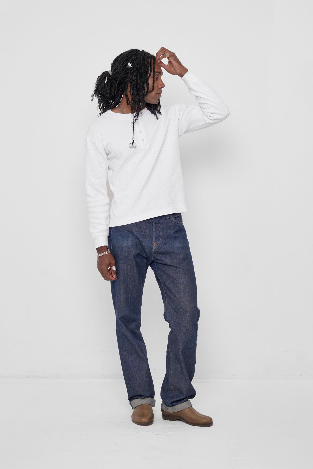 Thermal Henley Trash Tee in White – front view on model