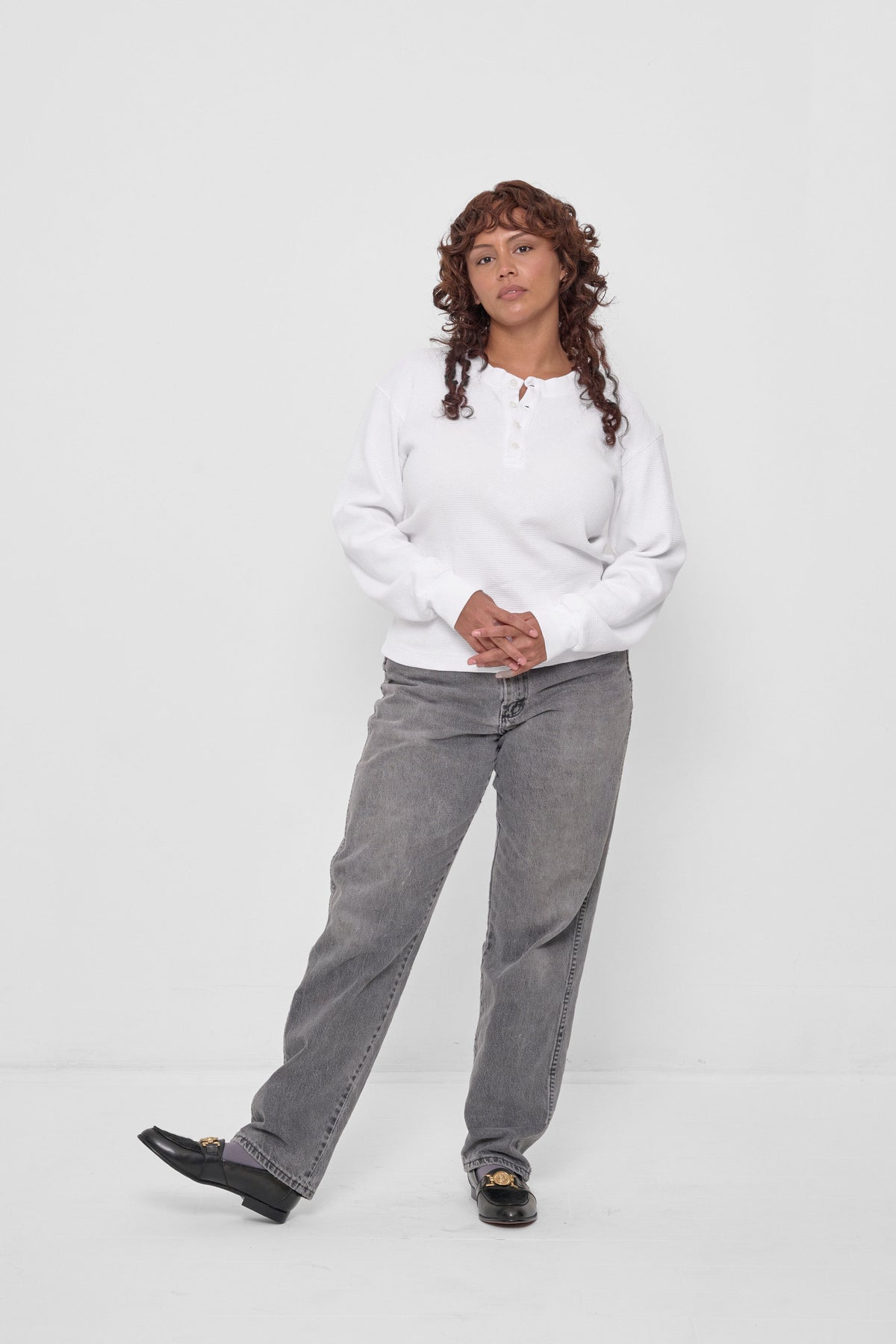 Thermal Henley Trash Tee in White – styled with grey jeans
